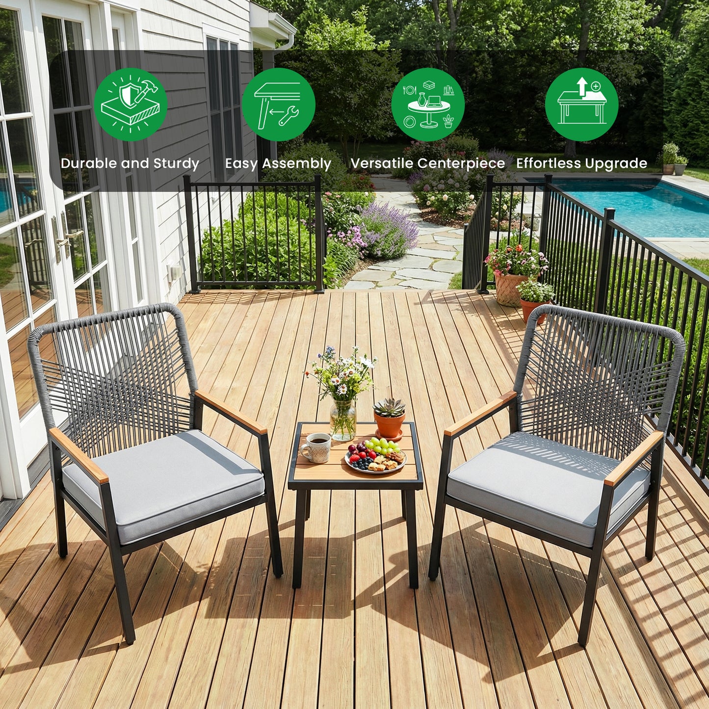 LIFERUN 3-Piece Patio Furniture Set, 2 Outdoor Rattan Chairs with 1 Table, Garden Set with 3.15in Thick Cushions, WPC Armrest, for Balcony, Backyard, Terrace, Grey