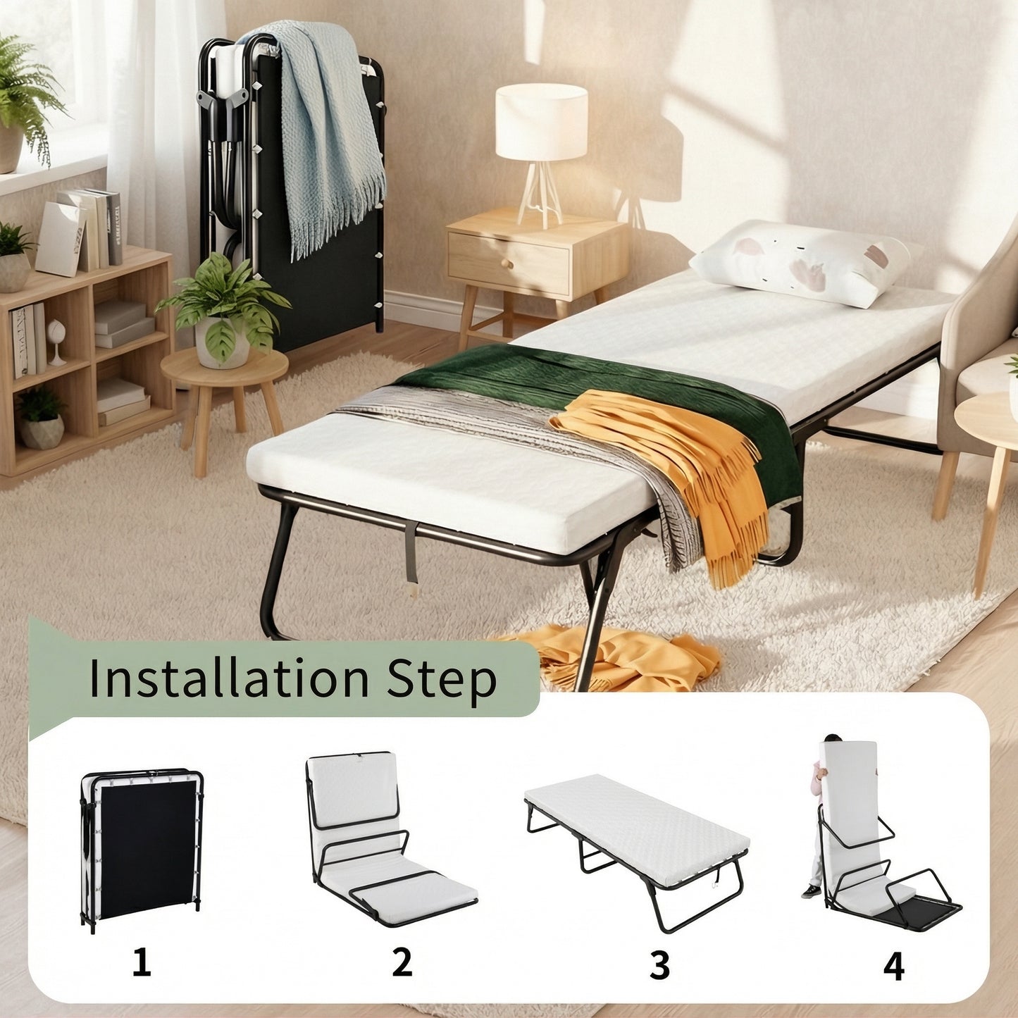 LIFERUN Folding Bed with Memory Foam Mattress for Adults,Portable Bed with Metal Frame, for Bedroom,Office,Camp,No Assembly Required (75" x 31"x14")