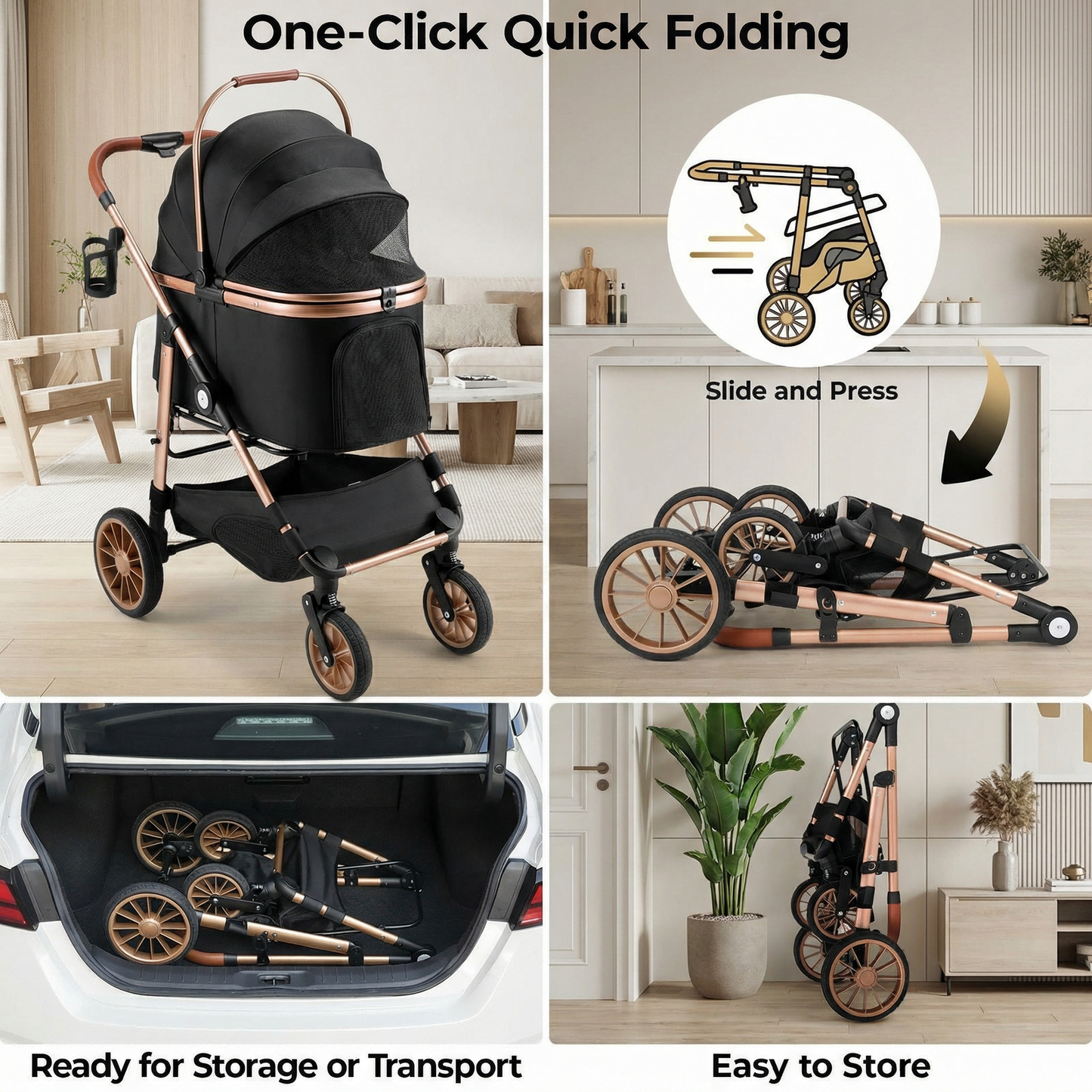LIFERUN Foldable 4 Wheels Pet Stroller for Small/Medium Dogs Cats up to 55lbs, 3-in-1 Dog Stroller, Detachable Carrier and One-Click Folding Design, Travel Puppy Cart