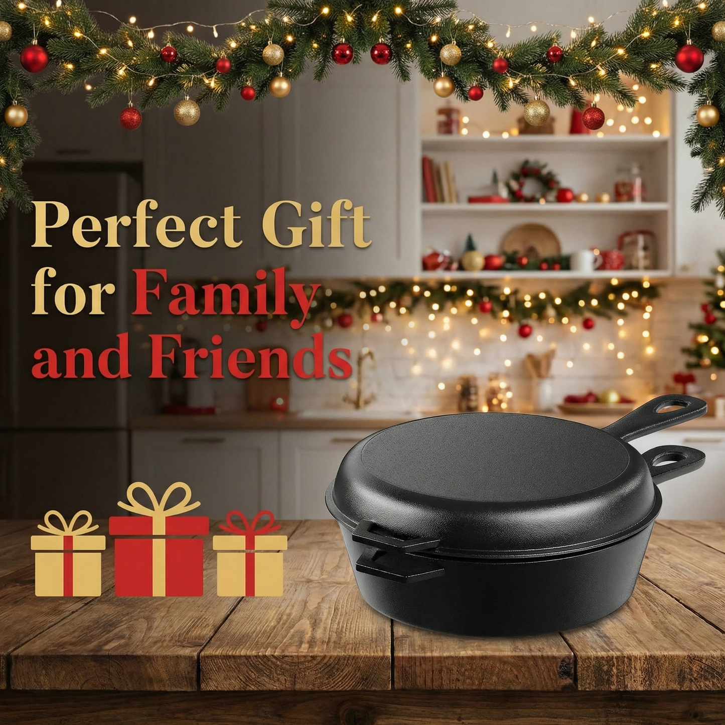 LIFERUN 2-in-1 Cast Iron Dutch Oven Pot, with Skillet & Lid - 2.9 Qt Deep Pot + 1.27 Qt Frying Pan, Easy Clean, for Oven, Stove, Grill, Campfire