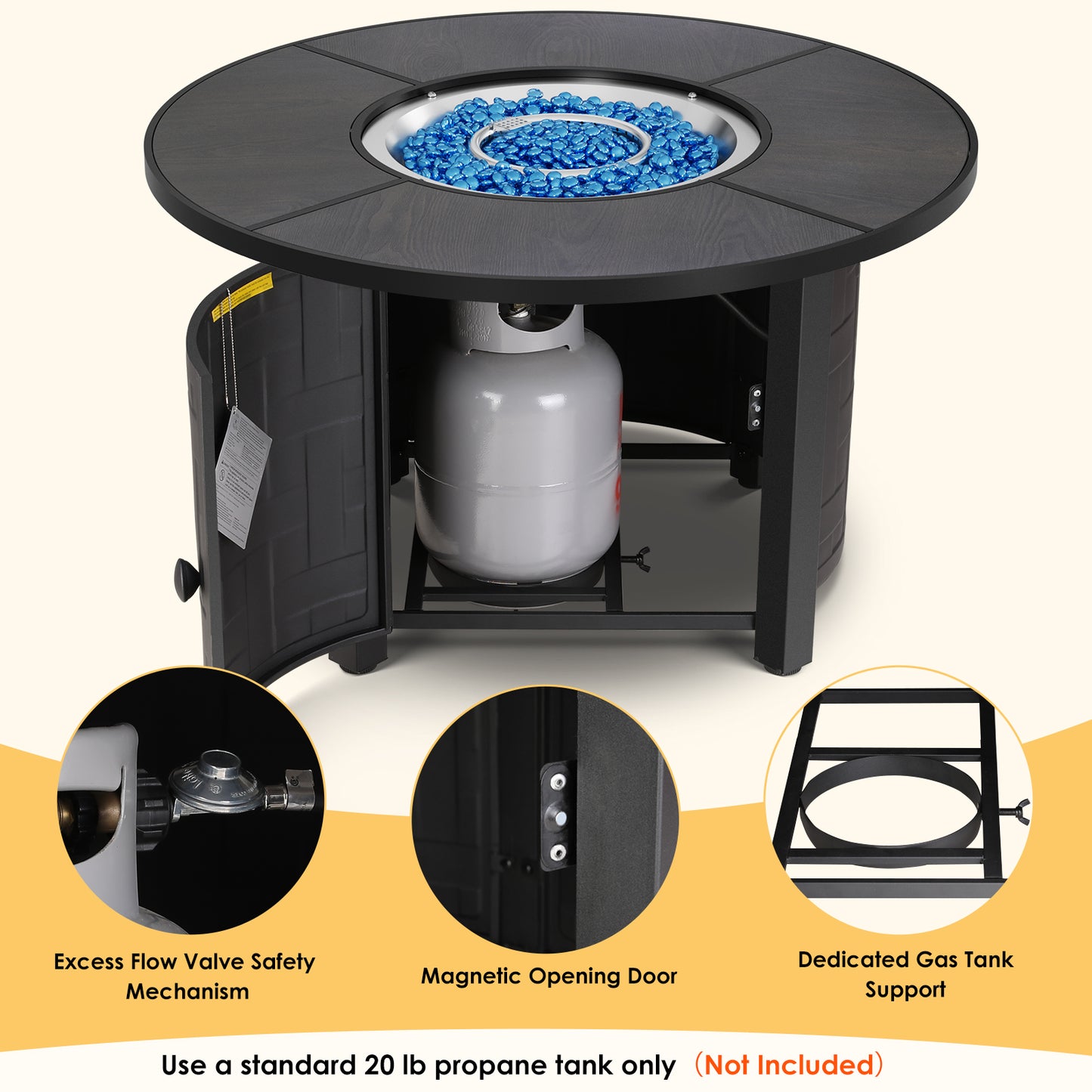 LIFERUN 42 in Propane Fire Pit Table with 4 Stackable Aluminum Dining Chairs– 50,000 BTU Round Fire Pit with Lid, Converts to Patio Coffee Table, for Poolside, Balcony, Terrace (Brown)