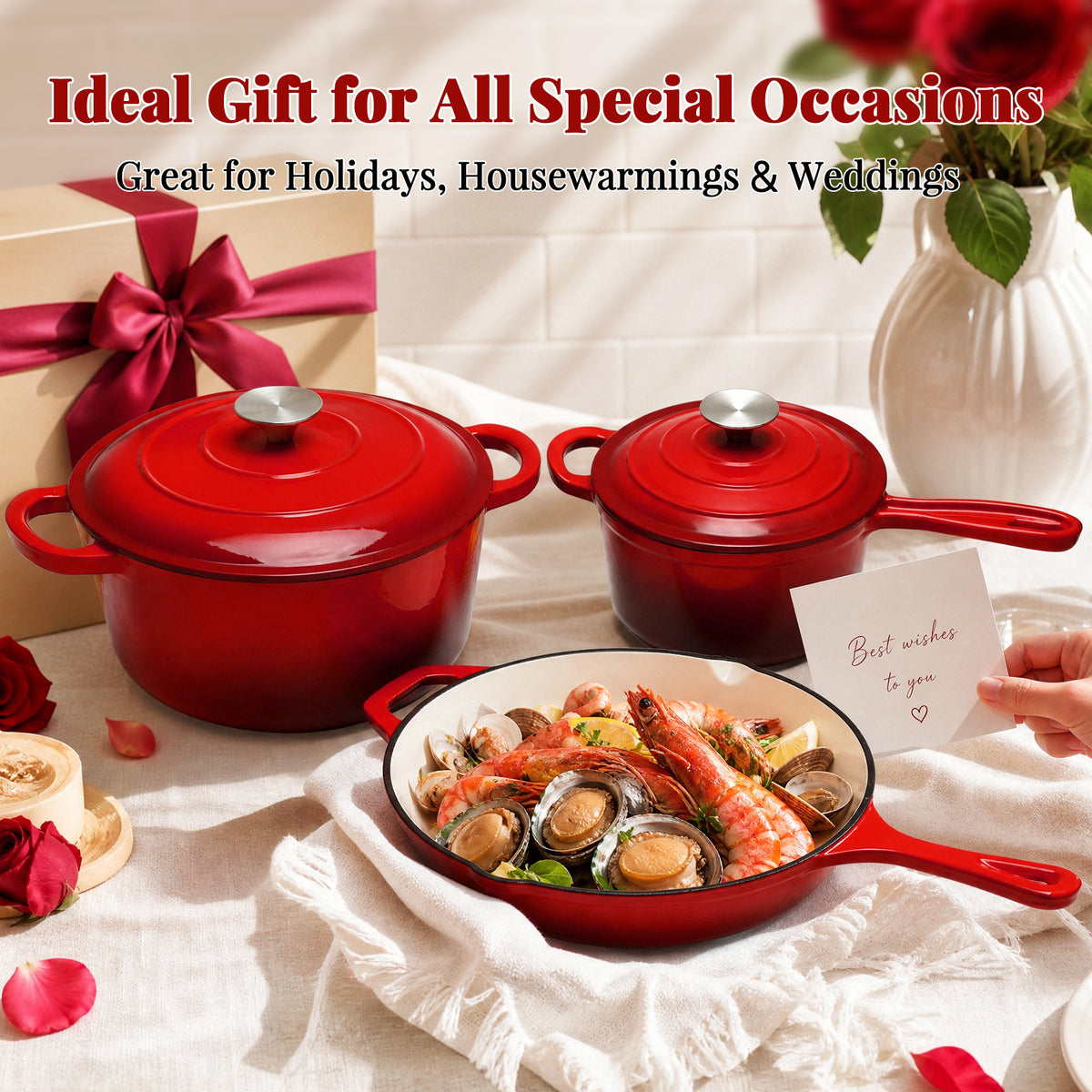 LIFERUN 5Pcs Enameled Cast Iron Cookware Set, Cast Iron Pots and Pans Set, Compatible with Gas, Electric & Induction, Red