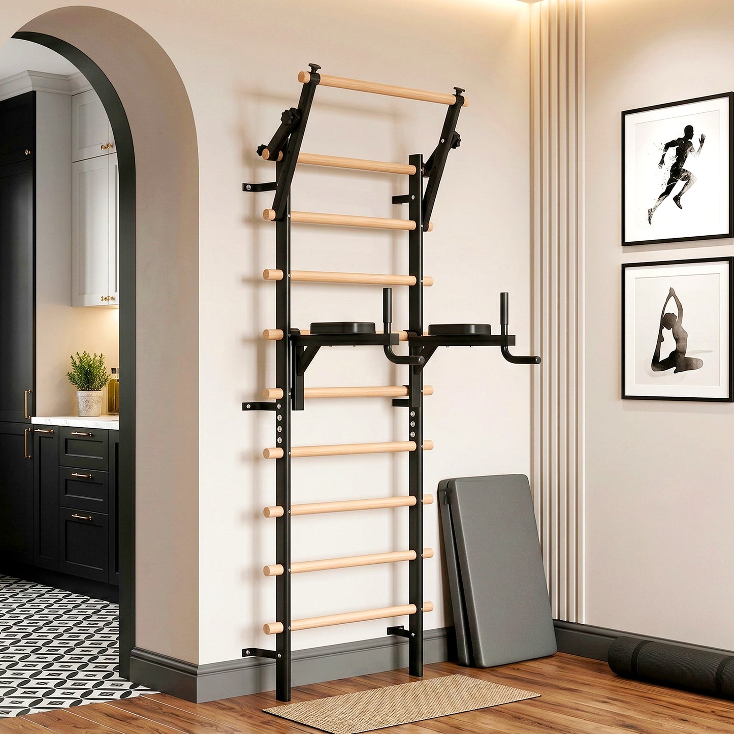 LIFERUN Swedish Ladder Wall Gym, 92" Solid Beechwood Stall Bars, 264lbs Capacity, Adjustable Pull-Up & Dip Bar Attachments, Wall Mounted, 9 Anchor Rods for Home, School, Physical Therapy, Gymnastics