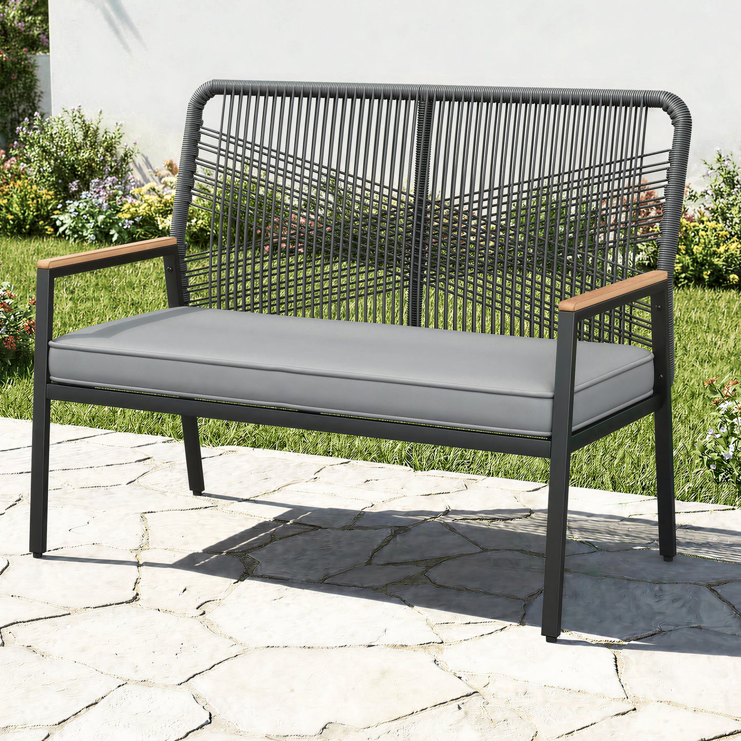 LIFERUN 2-Seat Patio Bench, Wide Outdoor Rattan Love Seat Bench with 3.15in Thick Cushion, WPC Armrest, 500 lbs Capacity, for Garden, Balcony, Porch, Grey