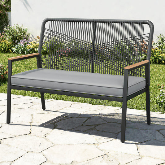 LIFERUN 2-Seat Patio Bench, Wide Outdoor Rattan Love Seat Bench with 3.15in Thick Cushion, WPC Armrest, 500 lbs Capacity, for Garden, Balcony, Porch, Grey