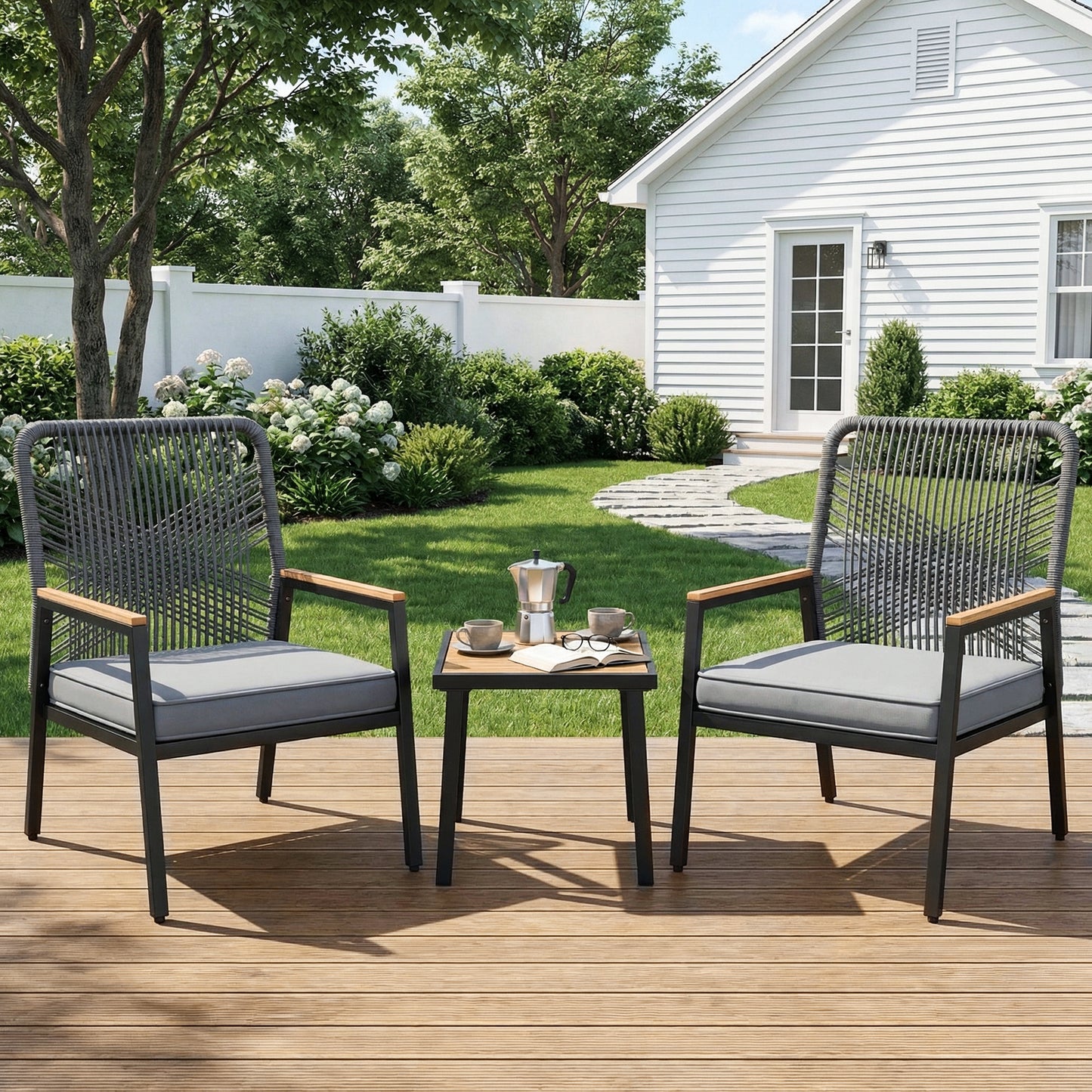 LIFERUN 3-Piece Patio Furniture Set, 2 Outdoor Rattan Chairs with 1 Table, Garden Set with 3.15in Thick Cushions, WPC Armrest, for Balcony, Backyard, Terrace, Grey