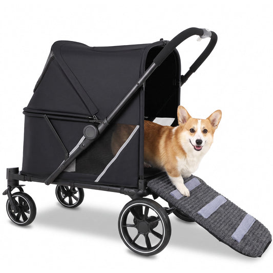 LIFERUN Foldable Pet Stroller for Medium Dogs, w/Ramp, 66lbs, All-Terrain Dog Stroller with Mesh Window, One-Step Brake, One Click Fold, Idea for Injured, Disabled & Senior Dog