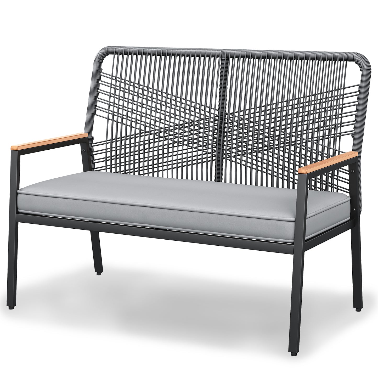 LIFERUN 2-Seat Patio Bench, Wide Outdoor Rattan Love Seat Bench with 3.15in Thick Cushion, WPC Armrest, 500 lbs Capacity, for Garden, Balcony, Porch, Grey