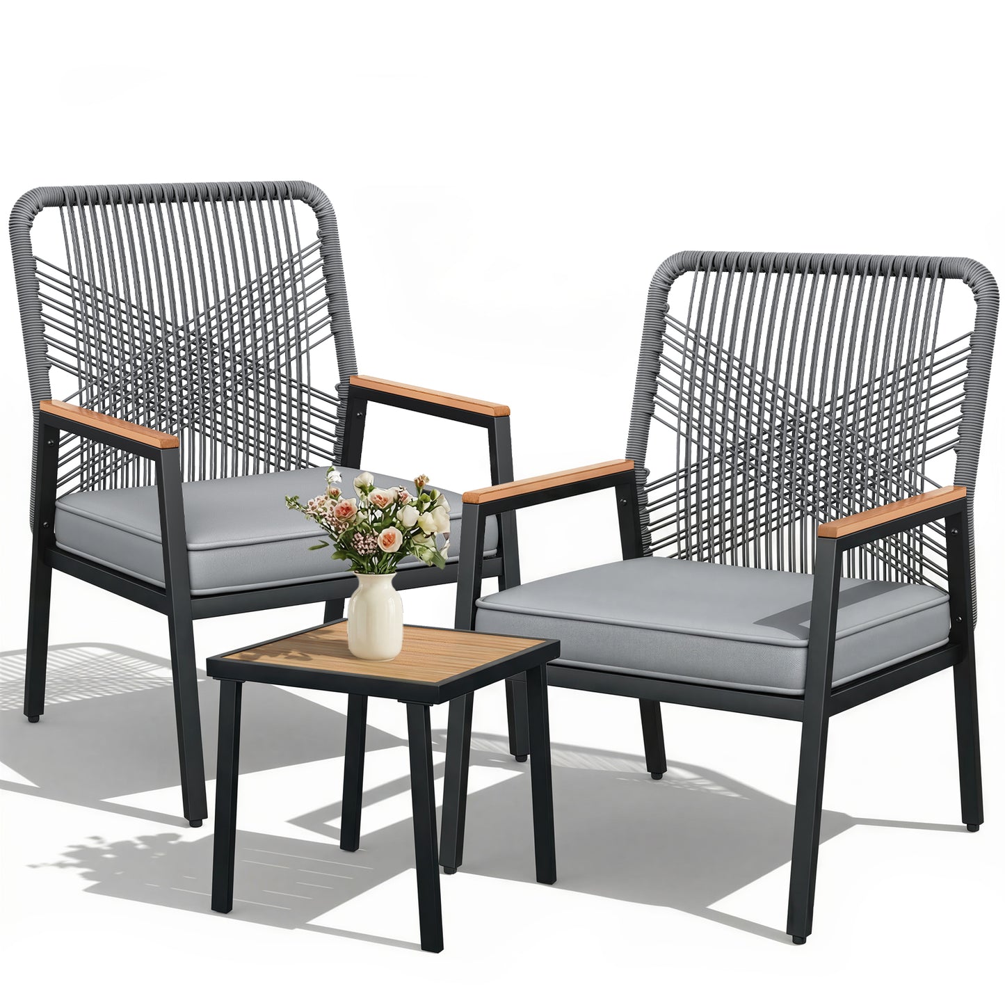LIFERUN 3-Piece Patio Furniture Set, Outdoor Rattan Chairs with Table, Garden Set with 3.15in Thick Cushions, WPC Armrest, for Balcony, Backyard, Terrace, Grey