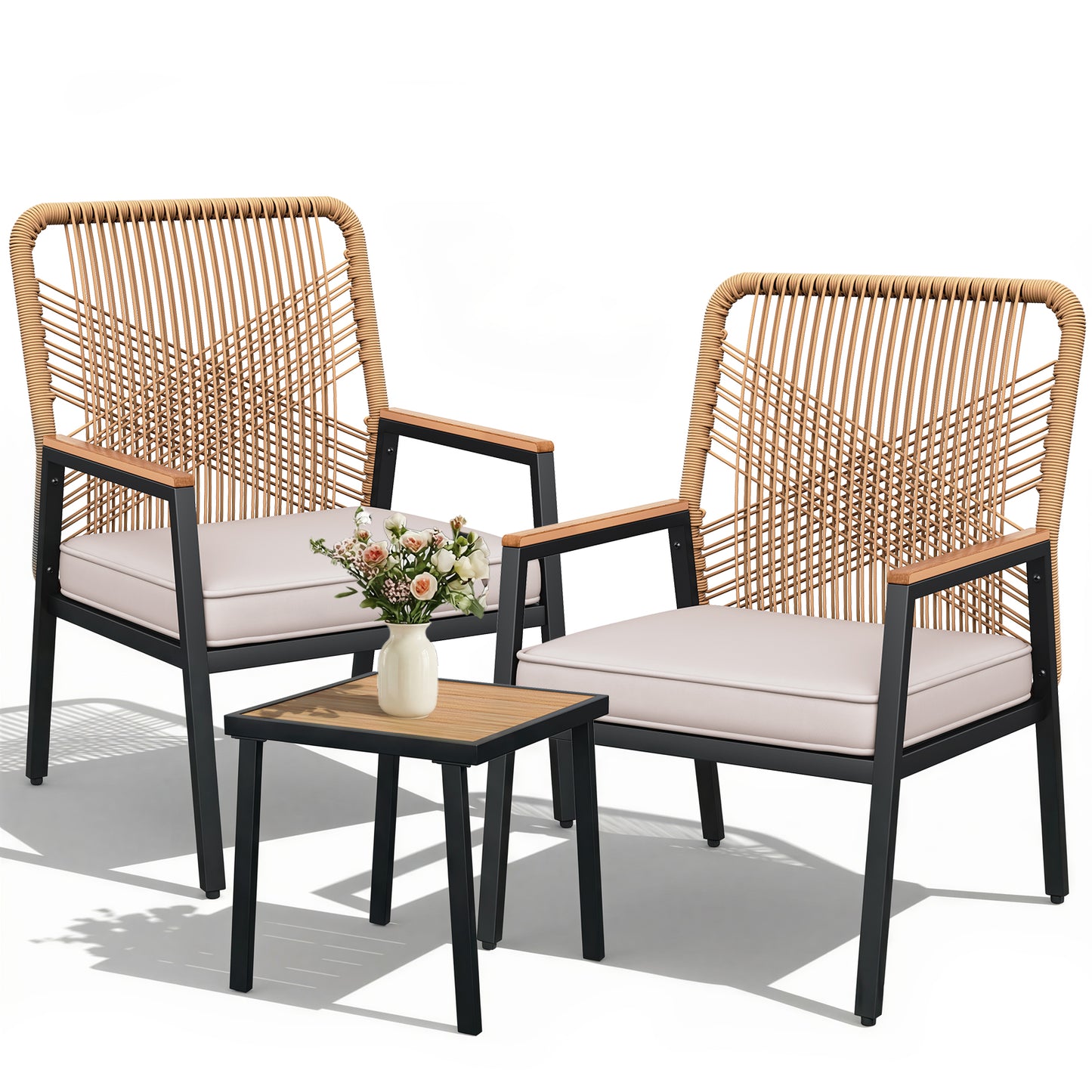 LIFERUN 3-Piece Patio Furniture Set, 2 Outdoor Rattan Chairs with 1 Table, Garden Set with 3.15in Thick Cushions, WPC Armrest, for Balcony, Backyard, Terrace, Grey