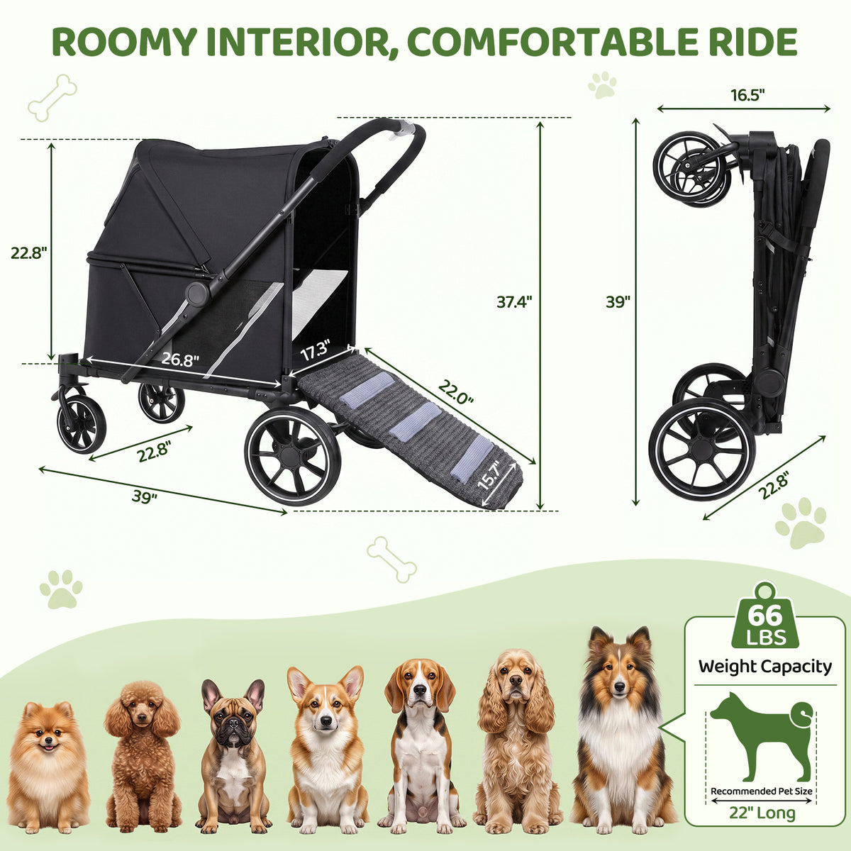 LIFERUN Foldable Pet Stroller for Medium Dogs, w/Ramp, 66lbs, All-Terrain Dog Stroller with Mesh Window, One-Step Brake, One Click Fold, Idea for Injured, Disabled & Senior Dog
