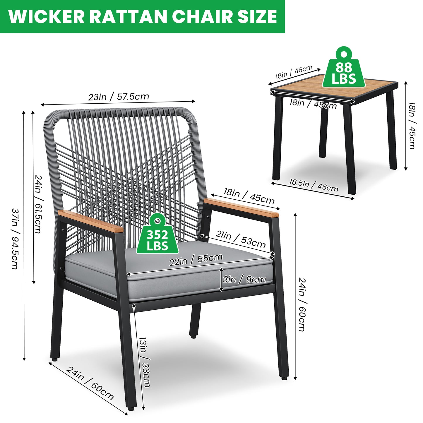 LIFERUN 3-Piece Patio Furniture Set, 2 Outdoor Rattan Chairs with 1 Table, Garden Set with 3.15in Thick Cushions, WPC Armrest, for Balcony, Backyard, Terrace, Grey