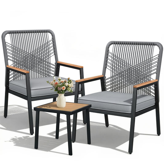 LIFERUN 3-Piece Patio Furniture Set, 2 Outdoor Rattan Chairs with 1 Table, Garden Set with 3.15in Thick Cushions, WPC Armrest, for Balcony, Backyard, Terrace, Grey