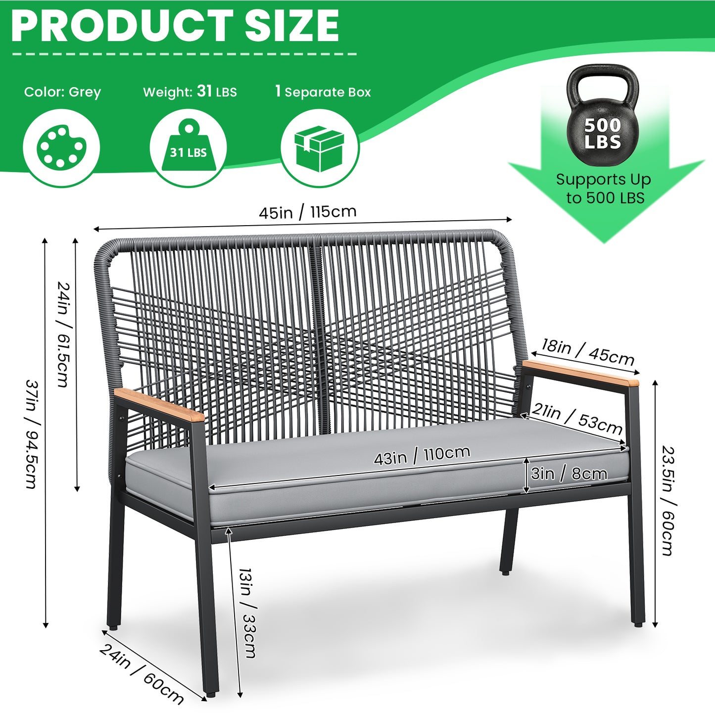 LIFERUN 2-Seat Patio Bench, Wide Outdoor Rattan Love Seat Bench with 3.15in Thick Cushion, WPC Armrest, 500 lbs Capacity, for Garden, Balcony, Porch, Grey