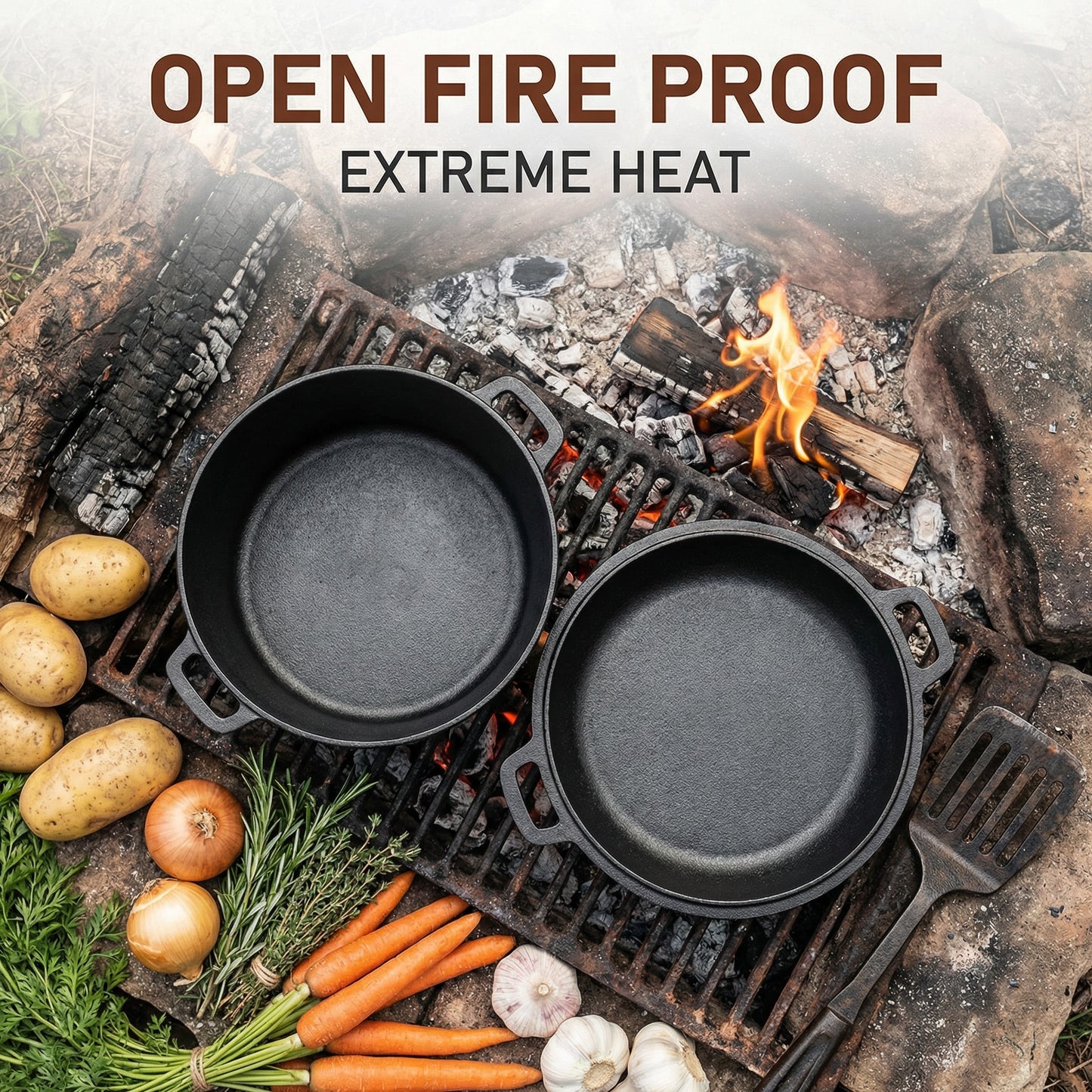LIFERUN Cast Iron Dutch Oven Pot with Lid, Pot (5.1QT) and Lid as a Skillet(1.9QT) - Dutch Oven Cast Iron with Silicone Holders, Iron Stand, for Oven, Stove, Grill，Campfire