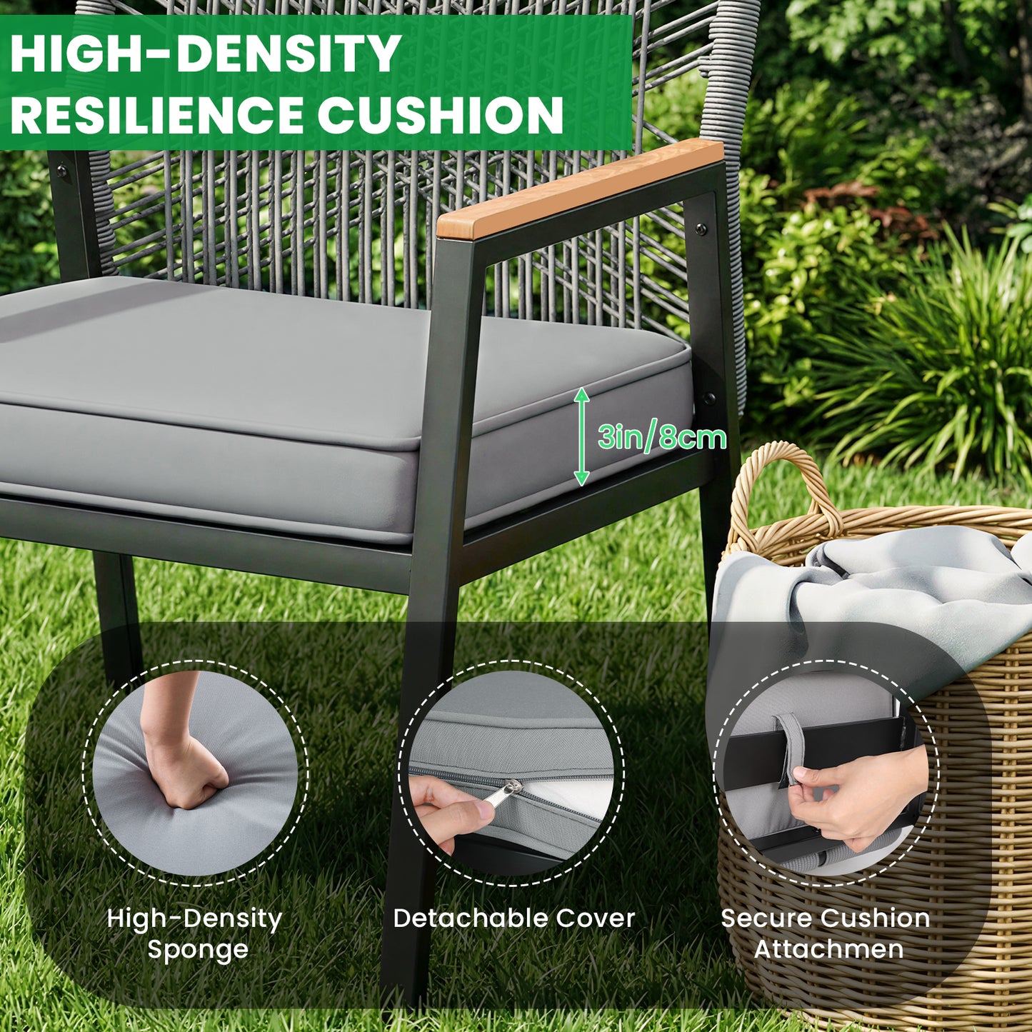 LIFERUN 3-Piece Patio Furniture Set, 2 Outdoor Rattan Chairs with 1 Table, Garden Set with 3.15in Thick Cushions, WPC Armrest, for Balcony, Backyard, Terrace, Grey