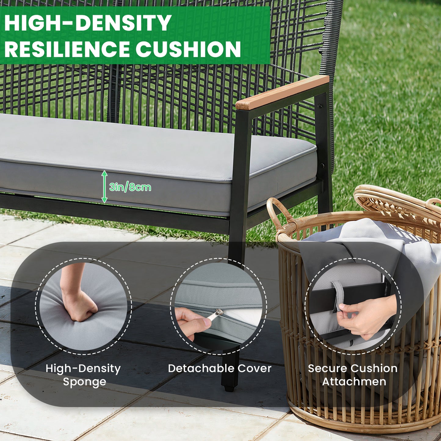 LIFERUN 2-Seat Patio Bench, Wide Outdoor Rattan Love Seat Bench with 3.15in Thick Cushion, WPC Armrest, 500 lbs Capacity, for Garden, Balcony, Porch, Grey