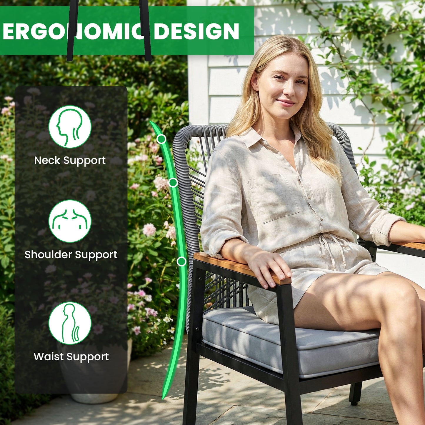 LIFERUN 3-Piece Patio Furniture Set, 2 Outdoor Rattan Chairs with 1 Table, Garden Set with 3.15in Thick Cushions, WPC Armrest, for Balcony, Backyard, Terrace, Grey