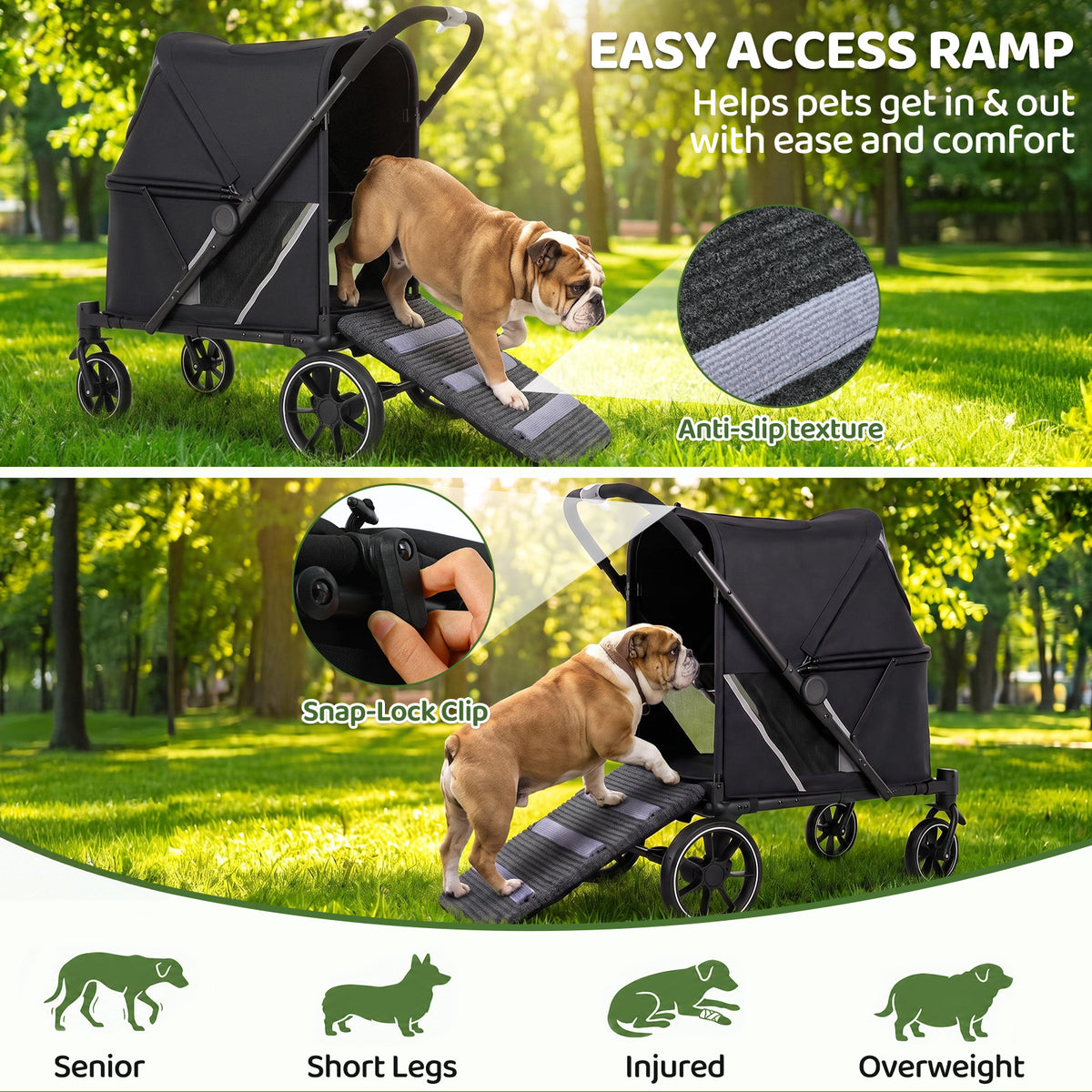 LIFERUN Foldable Pet Stroller for Medium Dogs, w/Ramp, 66lbs, All-Terrain Dog Stroller with Mesh Window, One-Step Brake, One Click Fold, Idea for Injured, Disabled & Senior Dog