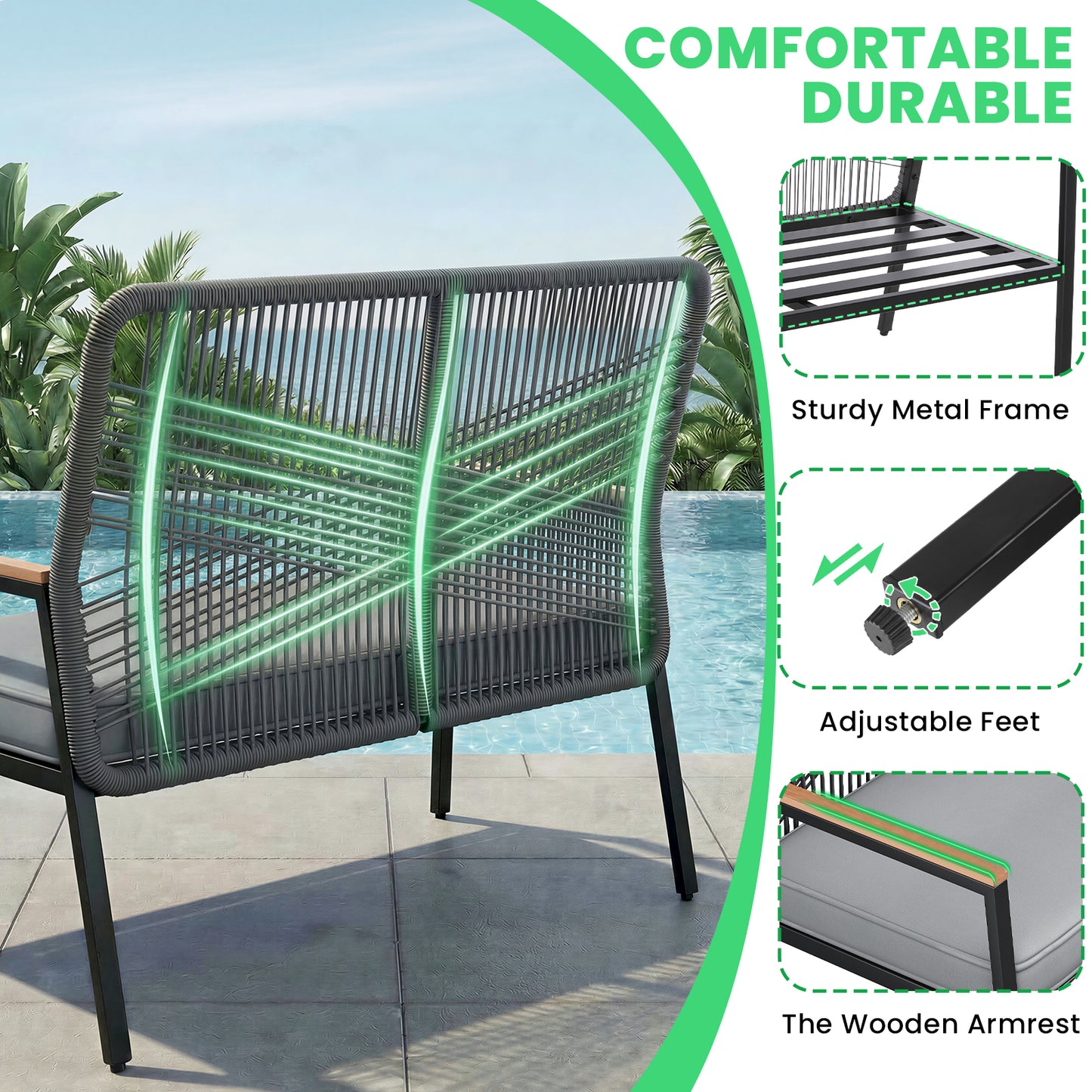 LIFERUN 2-Seat Patio Bench, Wide Outdoor Rattan Love Seat Bench with 3.15in Thick Cushion, WPC Armrest, 500 lbs Capacity, for Garden, Balcony, Porch, Grey