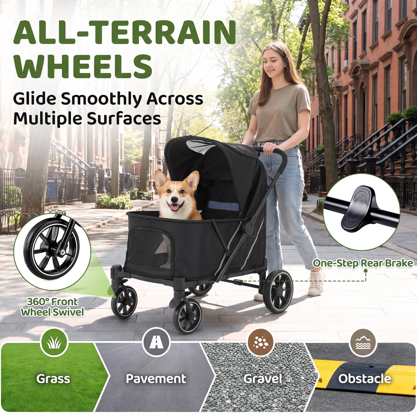 LIFERUN Foldable Pet Stroller for Medium Dogs, w/Ramp, 66lbs, All-Terrain Dog Stroller with Mesh Window, One-Step Brake, One Click Fold, Idea for Injured, Disabled & Senior Dog