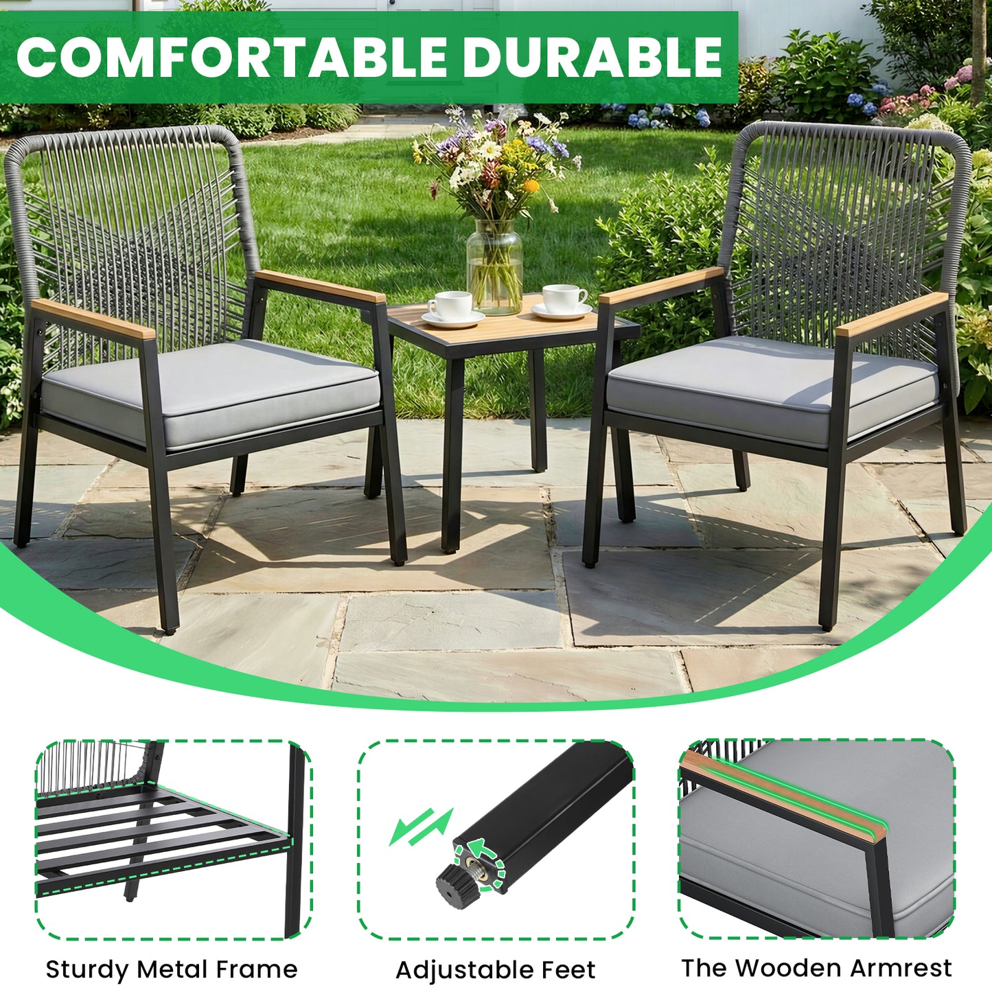LIFERUN 3-Piece Patio Furniture Set, 2 Outdoor Rattan Chairs with 1 Table, Garden Set with 3.15in Thick Cushions, WPC Armrest, for Balcony, Backyard, Terrace, Grey