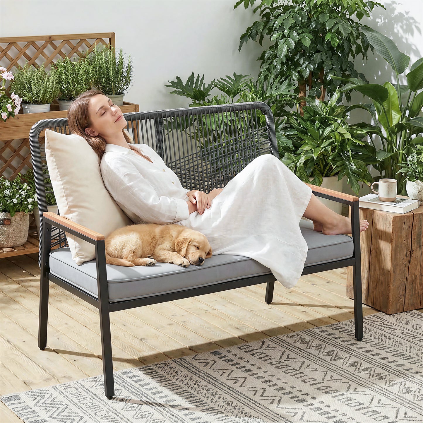 LIFERUN 2-Seat Patio Bench, Wide Outdoor Rattan Love Seat Bench with 3.15in Thick Cushion, WPC Armrest, 500 lbs Capacity, for Garden, Balcony, Porch, Grey