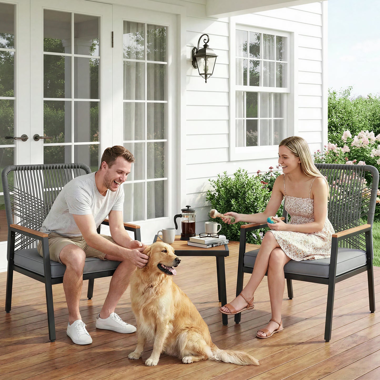 LIFERUN 3-Piece Patio Furniture Set, 2 Outdoor Rattan Chairs with 1 Table, Garden Set with 3.15in Thick Cushions, WPC Armrest, for Balcony, Backyard, Terrace, Grey