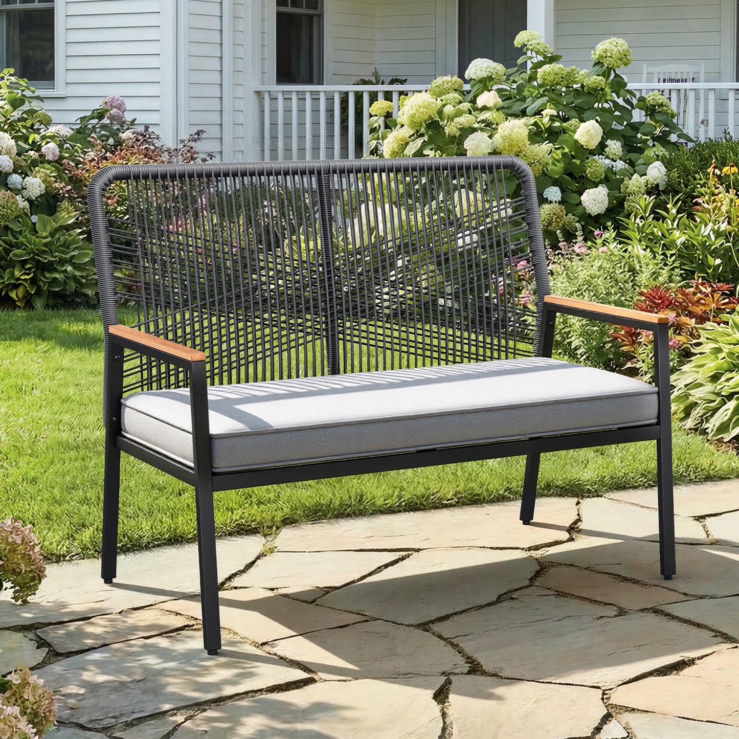 LIFERUN 2-Seat Patio Bench, Wide Outdoor Rattan Love Seat Bench with 3.15in Thick Cushion, WPC Armrest, 500 lbs Capacity, for Garden, Balcony, Porch, Grey
