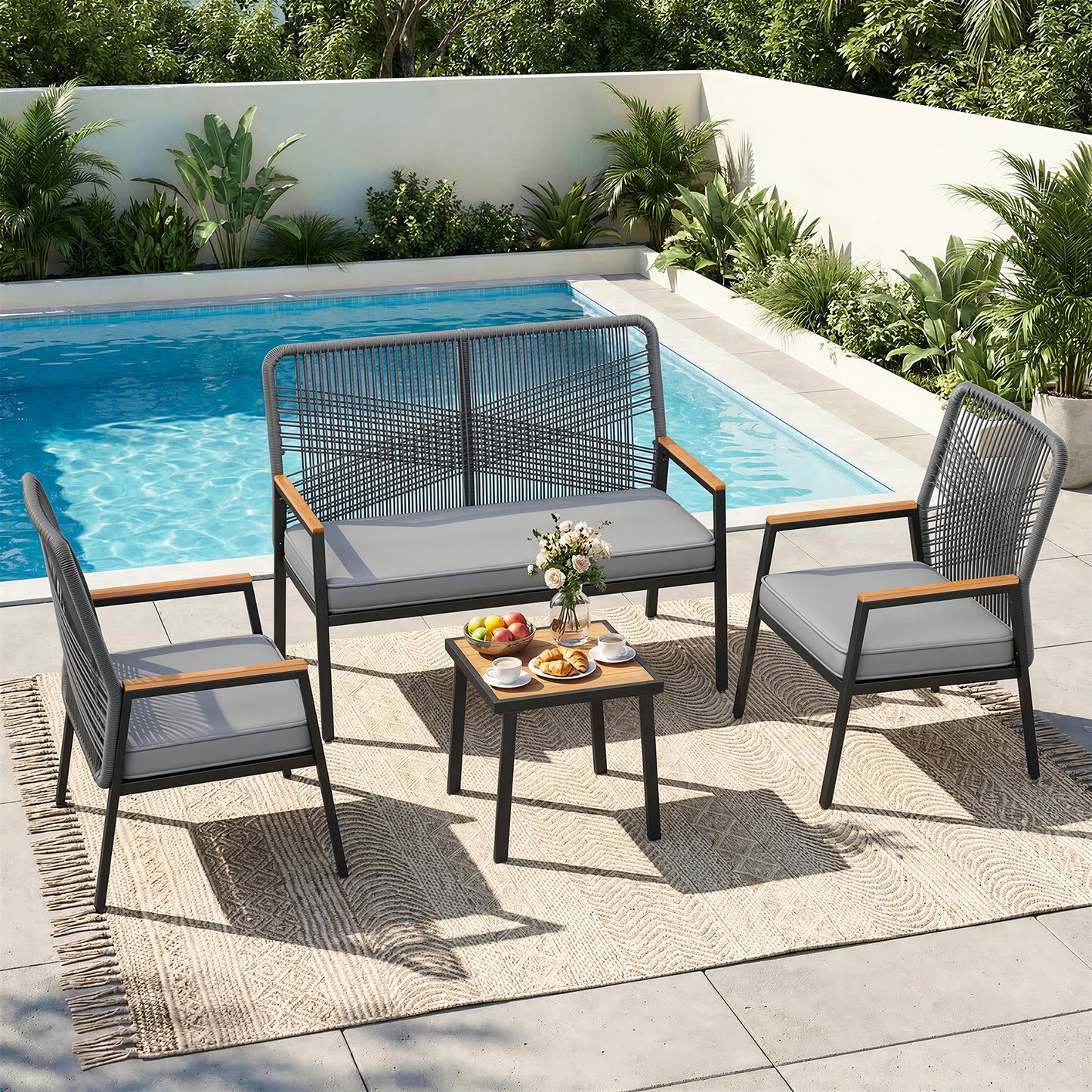 LIFERUN 2-Seat Patio Bench, Wide Outdoor Rattan Love Seat Bench with 3.15in Thick Cushion, WPC Armrest, 500 lbs Capacity, for Garden, Balcony, Porch, Grey