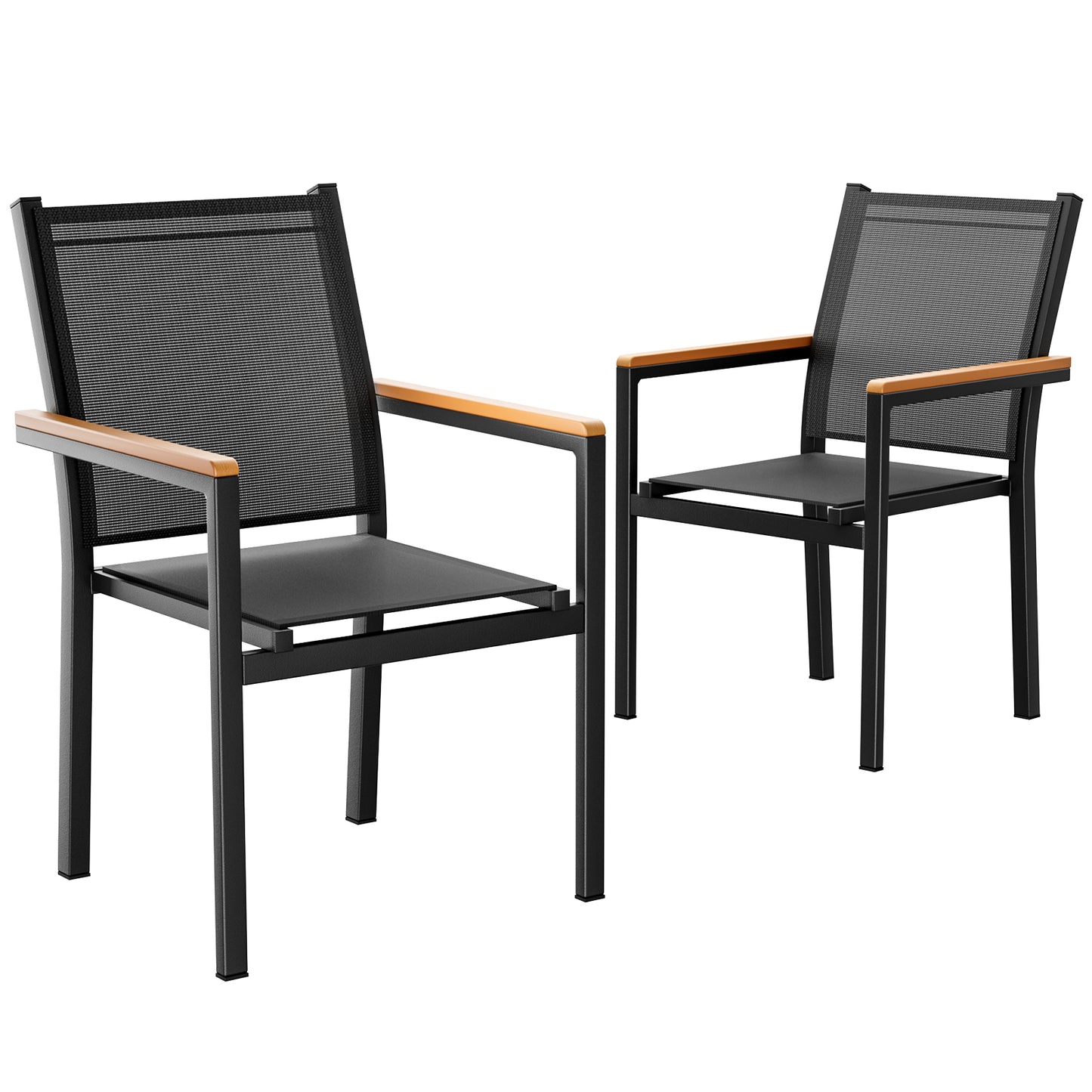 LIFERUN Patio Chairs Set of 2, Stackable Aluminum Dining Chair with Textilene Fabric & WPC Handrail, 17" Seat Height, All Weather Outdoor Chair for Poolside, Balcony, Terrace & Restaurants, Black