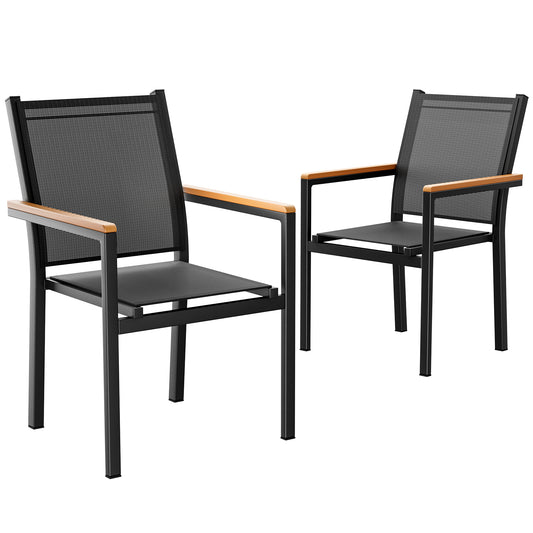 LIFERUN Patio Chairs Set of 2, Stackable Aluminum Dining Chair with Textilene Fabric & WPC Handrail, 17" Seat Height, All Weather Outdoor Chair for Poolside, Balcony, Terrace & Restaurants, Black
