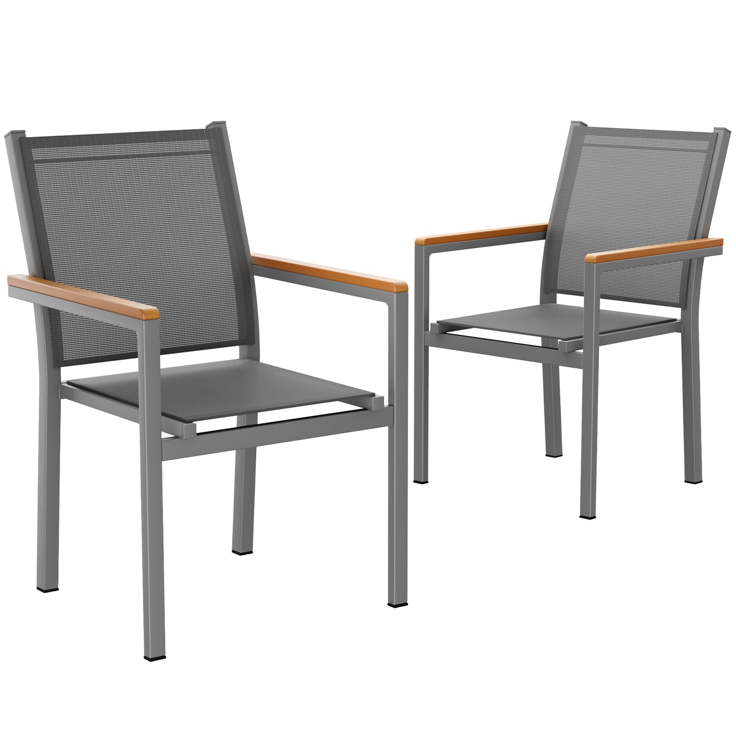LIFERUN Patio Chairs Set of 2, Stackable Aluminum Dining Chair with Textilene Fabric & WPC Handrail, 17" Seat Height, All Weather Outdoor Chair for Poolside, Balcony, Terrace & Restaurants, Black