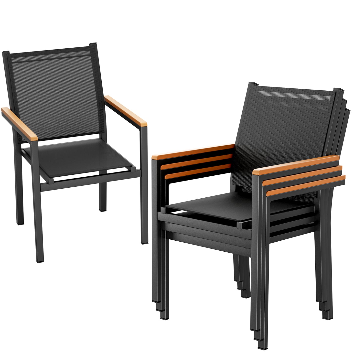 LIFERUN Patio Chairs Set of 2, Stackable Aluminum Dining Chair with Textilene Fabric & WPC Handrail, 17" Seat Height, All Weather Outdoor Chair for Poolside, Balcony, Terrace & Restaurants, Black