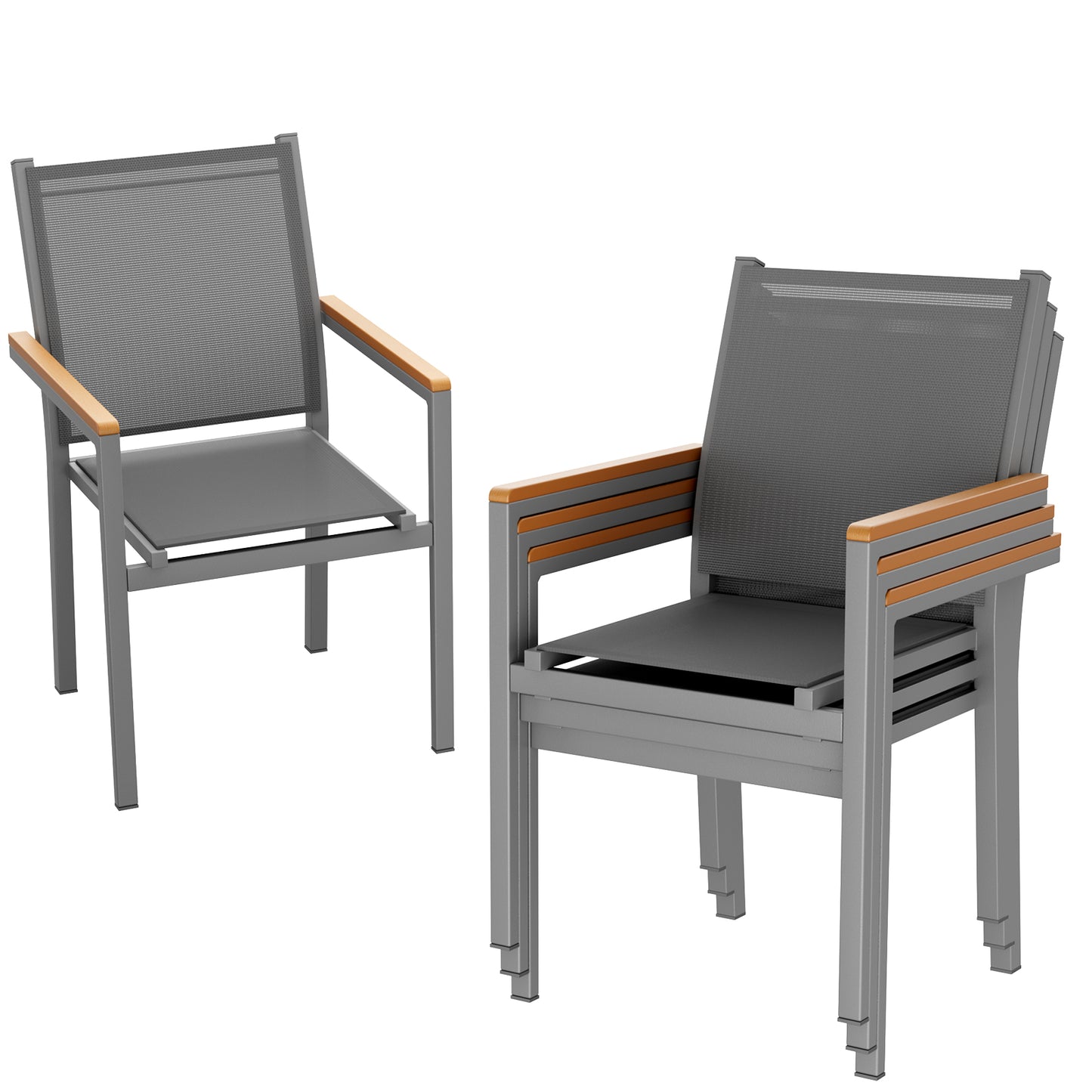 LIFERUN Patio Chairs Set of 2, Stackable Aluminum Dining Chair with Textilene Fabric & WPC Handrail, 17" Seat Height, All Weather Outdoor Chair for Poolside, Balcony, Terrace & Restaurants, Black