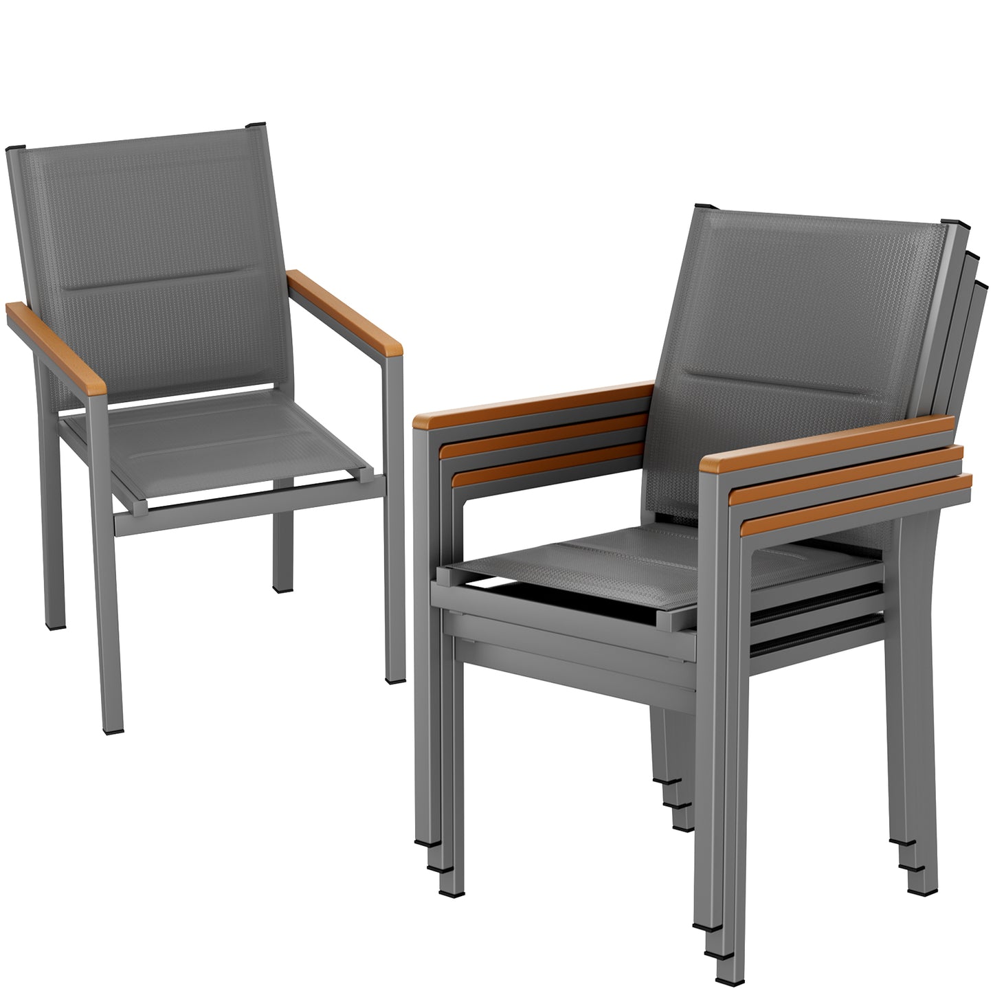 LIFERUN Patio Chairs Set of 6, Stackable Aluminum Outdoor Chair with Quilted Textilene & WPC Handrail, 17" Seat Height, All Weather Chair for Patio, Balcony, Poolside & Restaurants, Black
