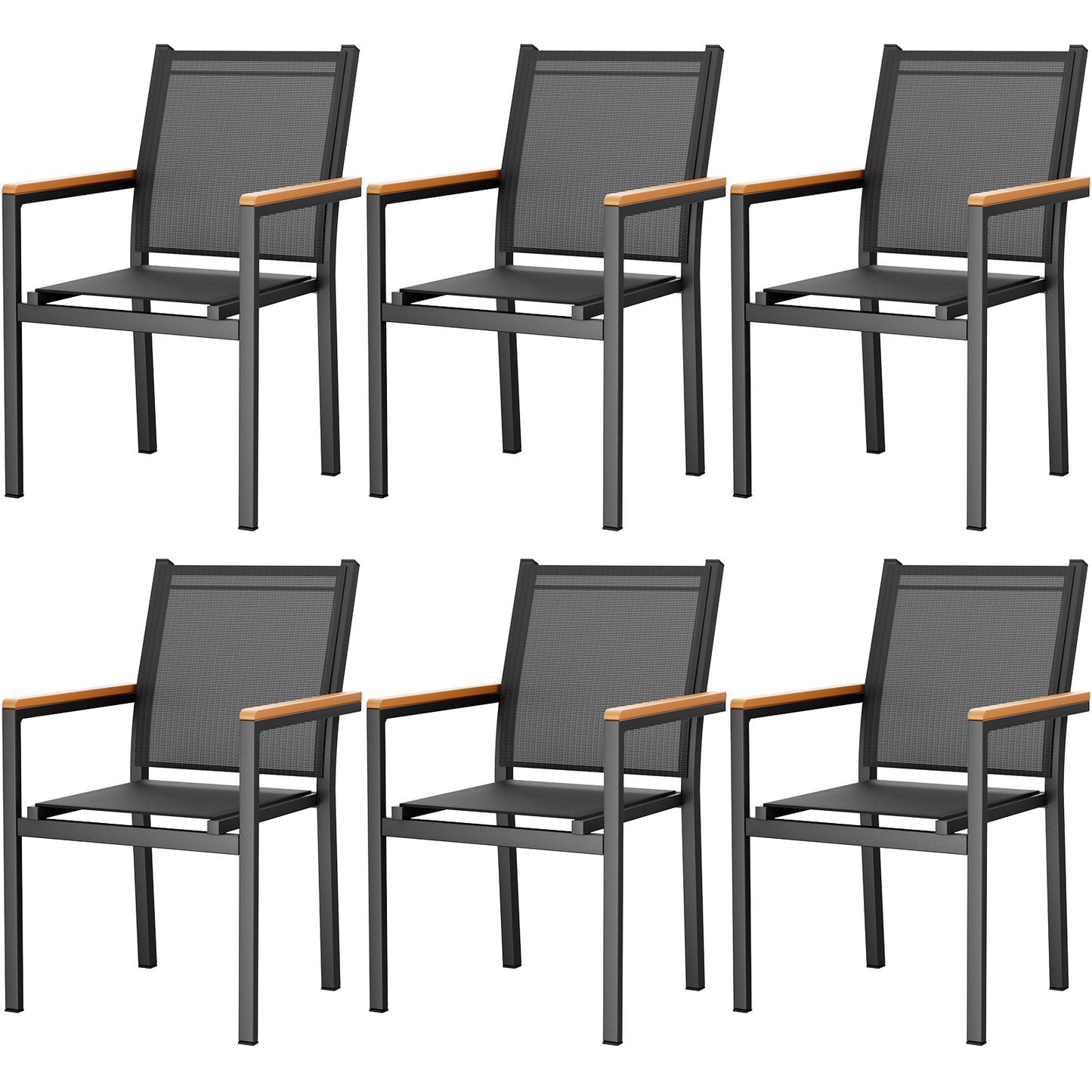 LIFERUN Patio Chairs Set of 2, Stackable Aluminum Dining Chair with Textilene Fabric & WPC Handrail, 17" Seat Height, All Weather Outdoor Chair for Poolside, Balcony, Terrace & Restaurants, Black