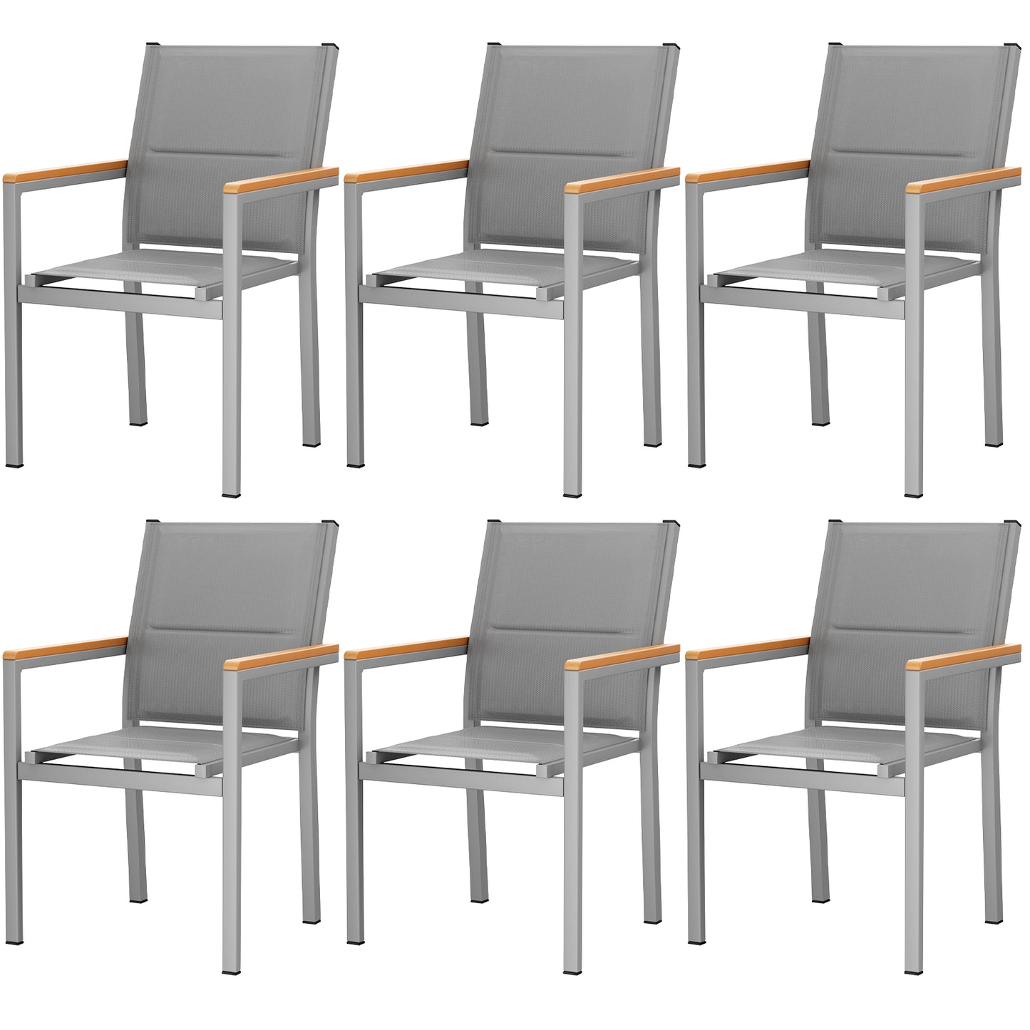 LIFERUN Patio Chairs Set of 6, Stackable Aluminum Outdoor Chair with Quilted Textilene & WPC Handrail, 17" Seat Height, All Weather Chair for Patio, Balcony, Poolside & Restaurants, Black