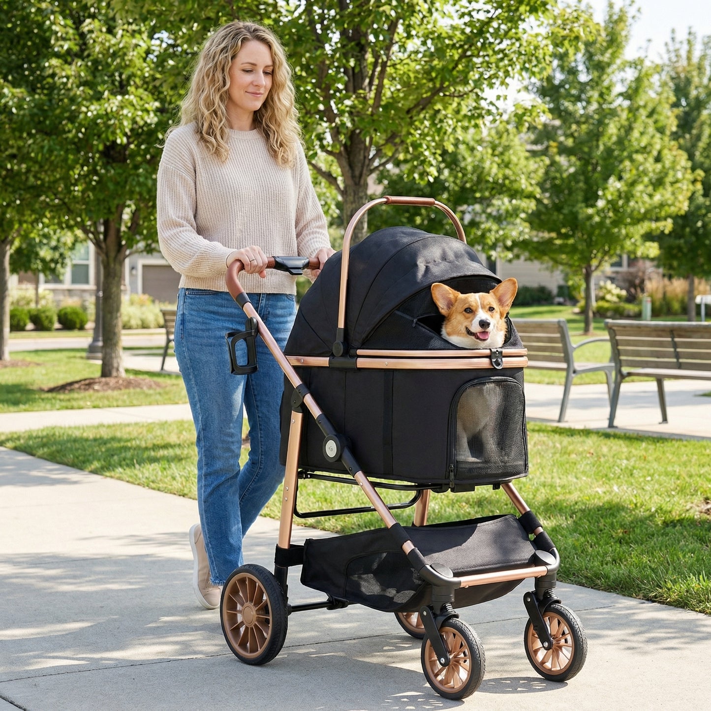 LIFERUN Foldable 4 Wheels Pet Stroller for Small/Medium Dogs Cats up to 55lbs, 3-in-1 Dog Stroller, Detachable Carrier and One-Click Folding Design, Travel Puppy Cart