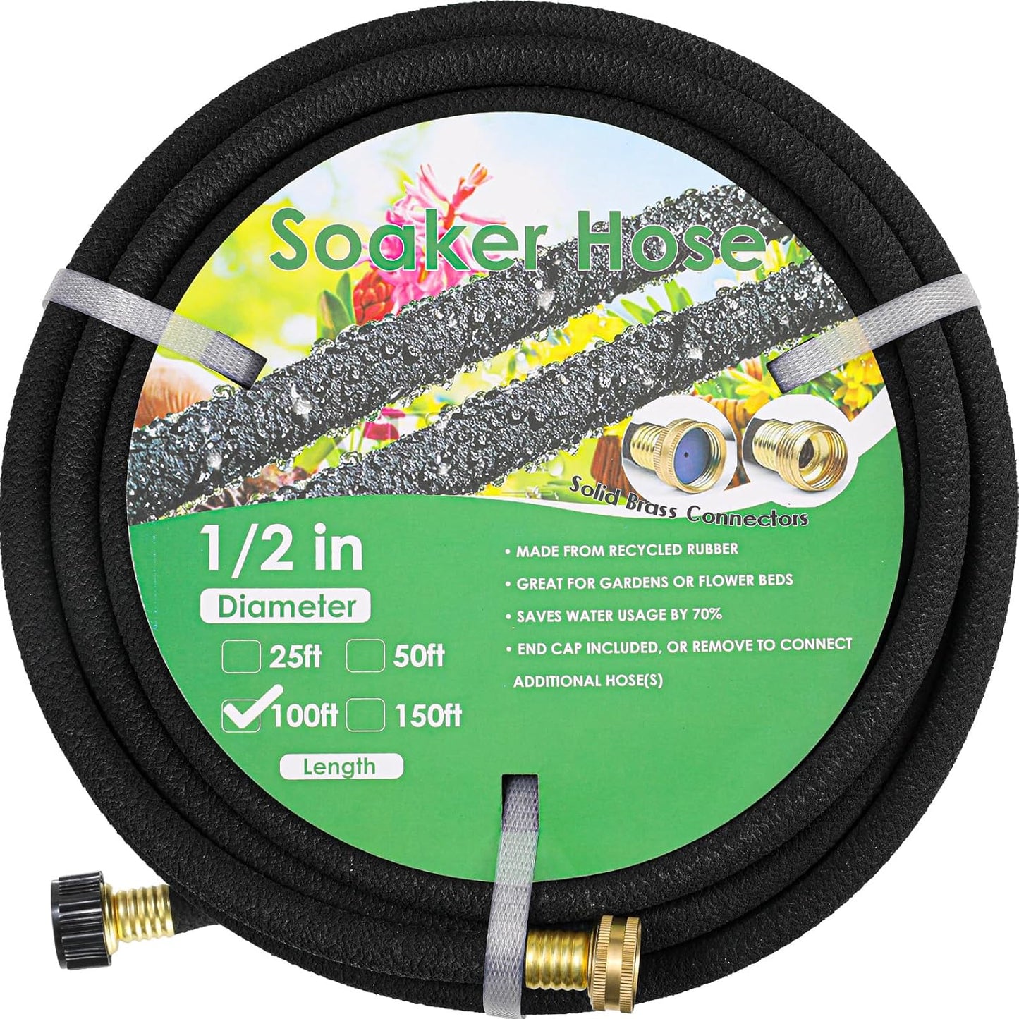 LIFERUN Soaker Hose 50 ft 1/2", Rubber, Solid Brass Connectors, Heavy Duty Drip Hose to Save 70% Water, Soaker Hose for Garden, Lawn and Yard