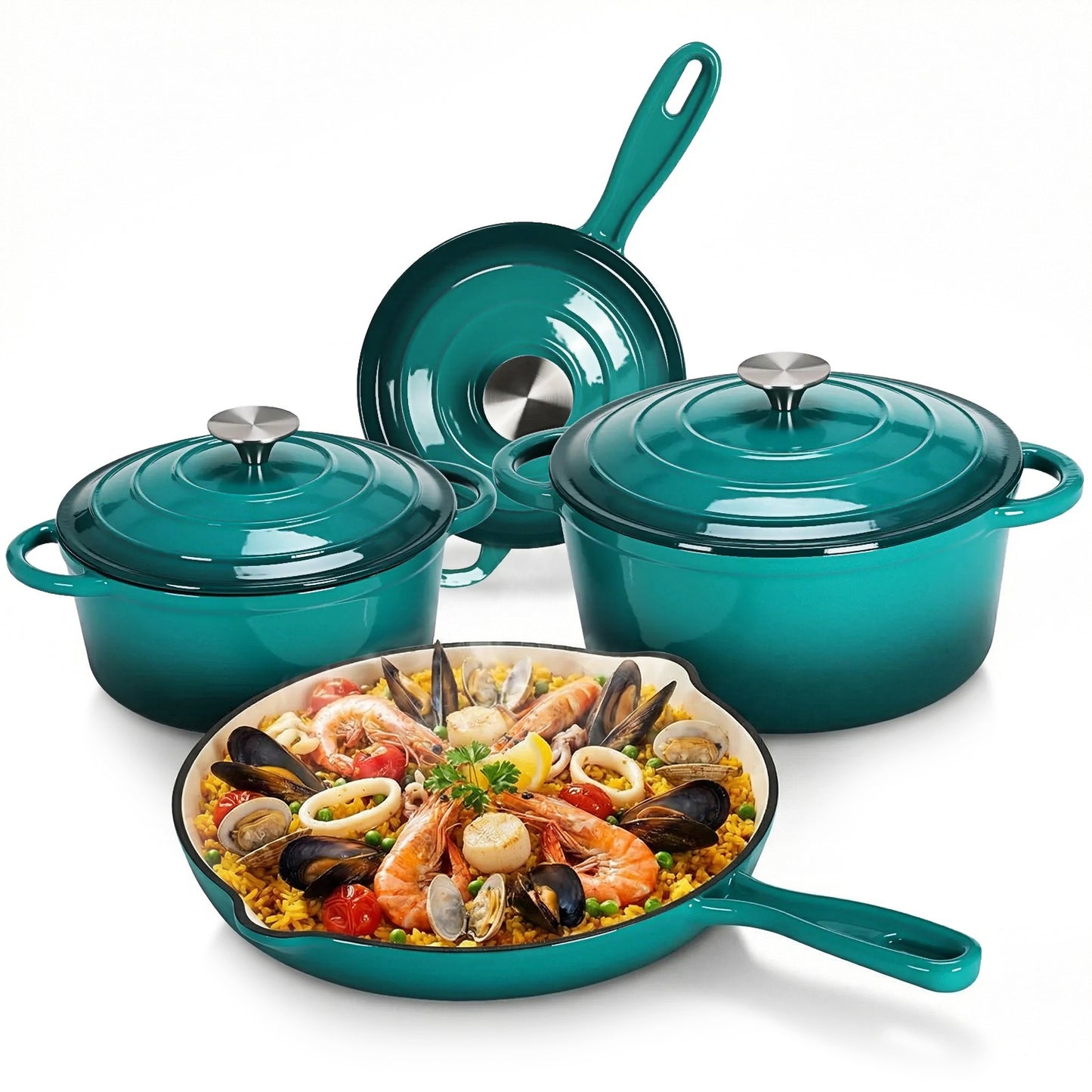LIFERUN Nonstick Enameled Cast Iron Cookware Set, 7Pcs Pots and Pans, Gas/Induction Dutch Oven Set, Red