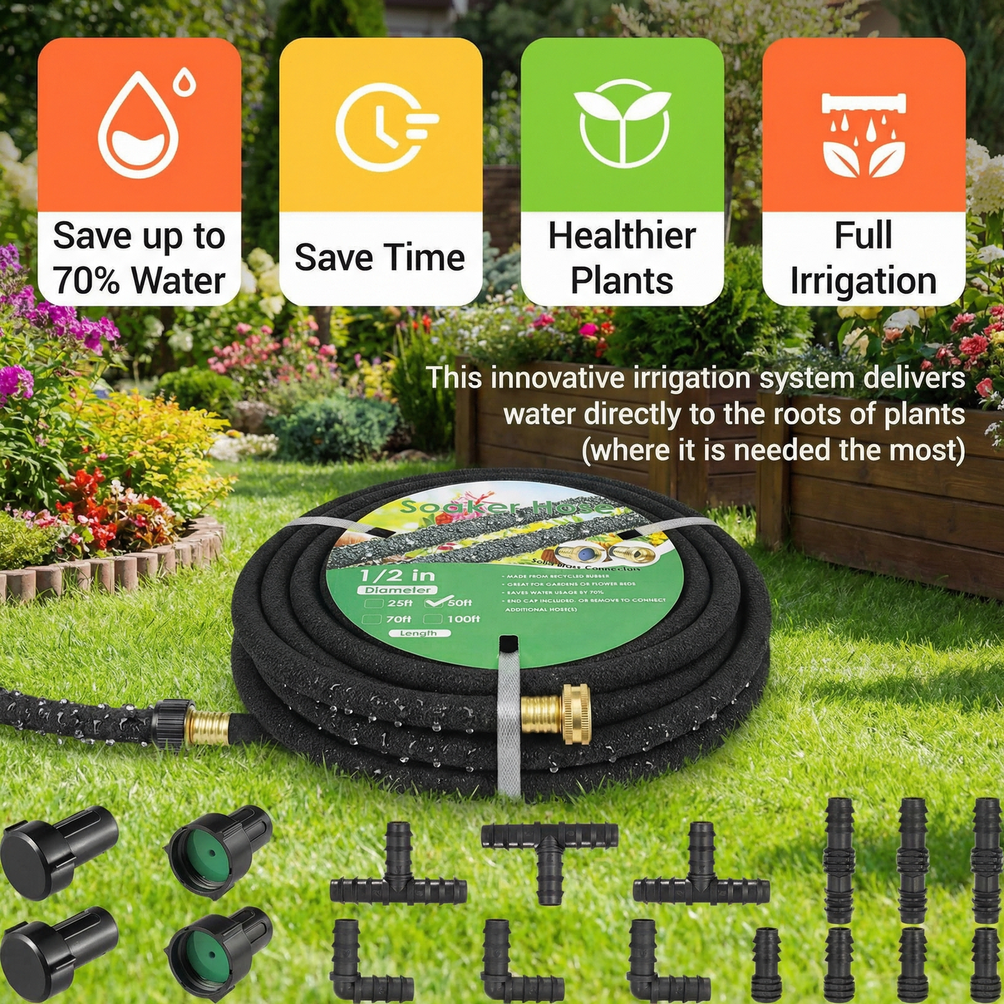 LIFERUN Soaker Hose 50 ft 1/2", Rubber, Solid Brass Connectors, Heavy Duty Drip Hose to Save 70% Water, Soaker Hose for Garden, Lawn and Yard