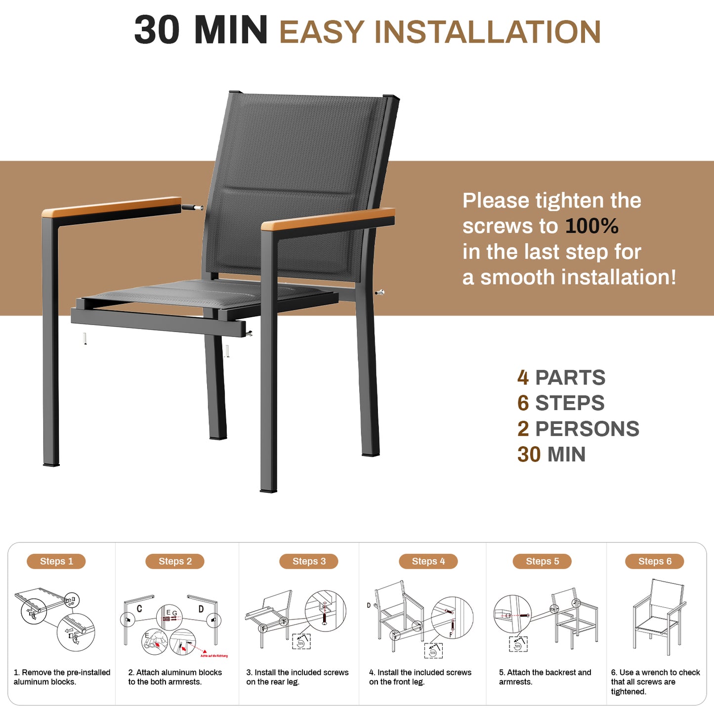 LIFERUN Patio Chairs Set of 6, Stackable Aluminum Outdoor Chair with Quilted Textilene & WPC Handrail, 17" Seat Height, All Weather Chair for Patio, Balcony, Poolside & Restaurants, Black
