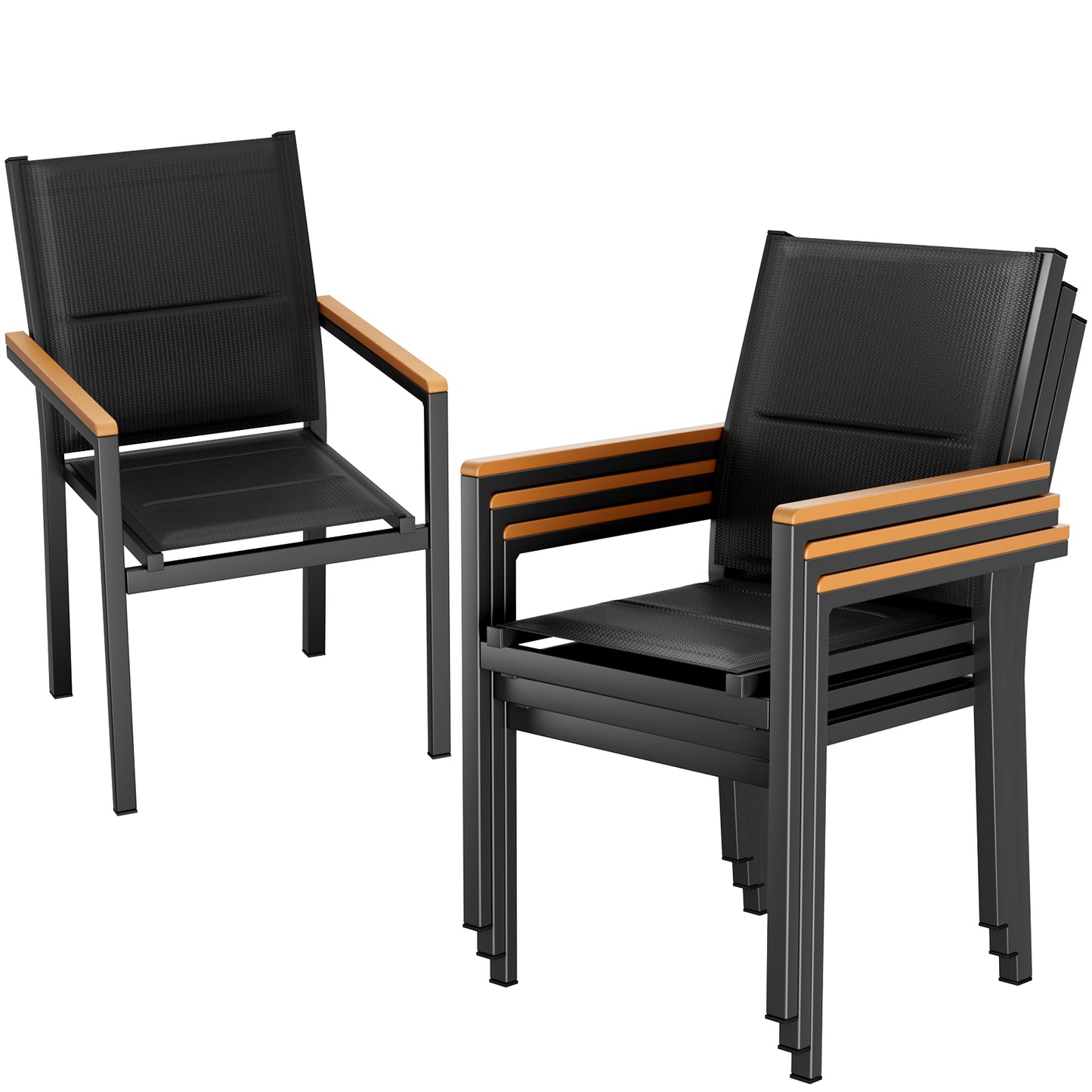 LIFERUN Patio Chairs Set of 6, Stackable Aluminum Outdoor Chair with Quilted Textilene & WPC Handrail, 17" Seat Height, All Weather Chair for Patio, Balcony, Poolside & Restaurants, Black