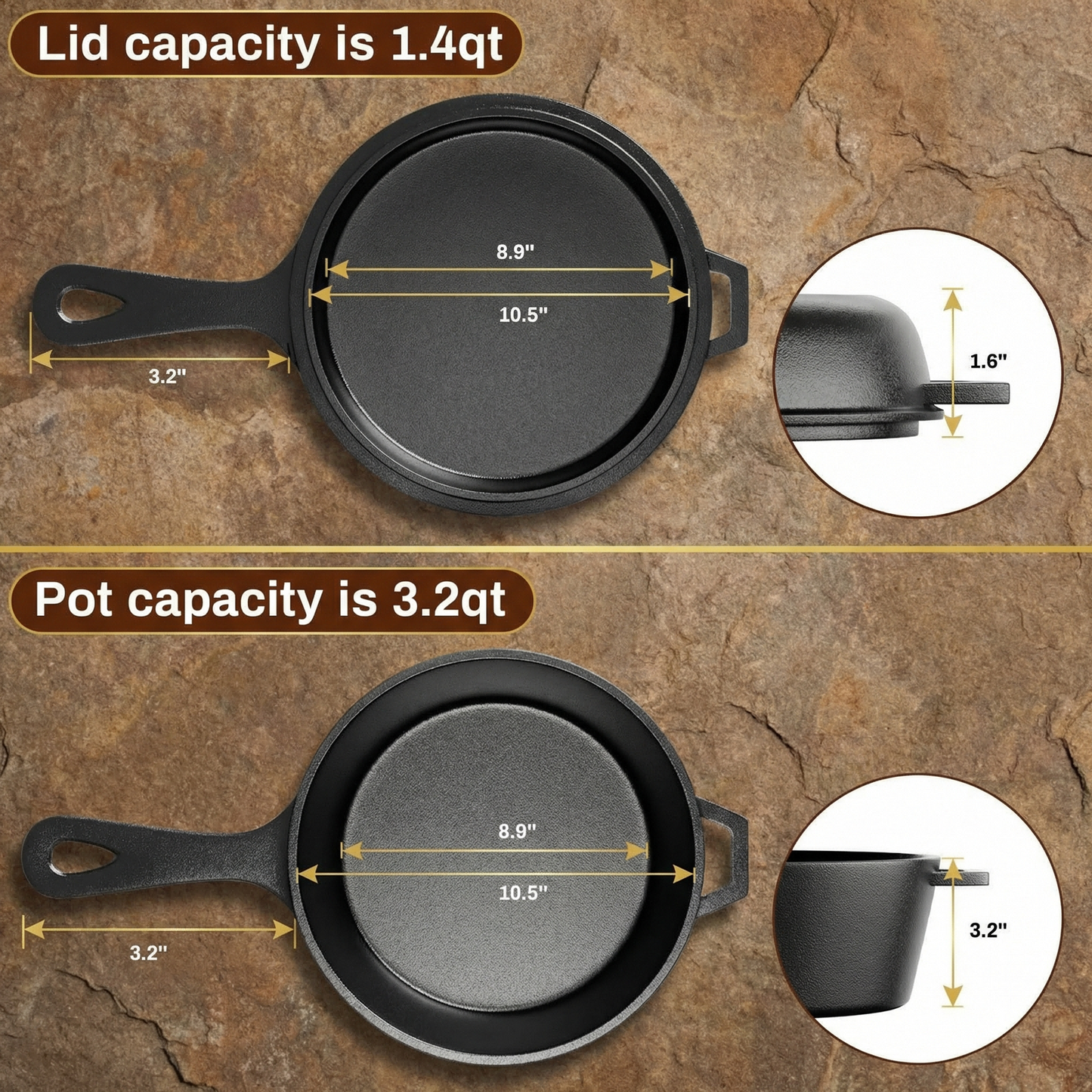 LIFERUN 2-in-1 Cast Iron Dutch Oven Pot, with Skillet & Lid - 2.9 Qt Deep Pot + 1.27 Qt Frying Pan, Easy Clean, for Oven, Stove, Grill, Campfire