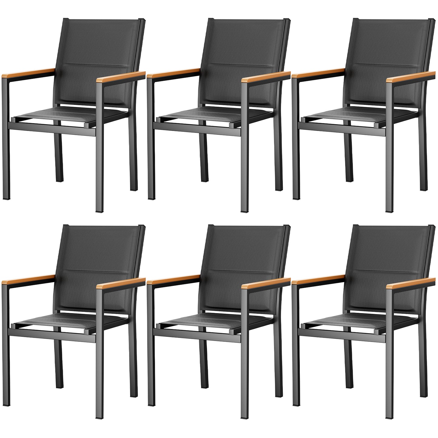 LIFERUN Patio Chairs Set of 6, Stackable Aluminum Outdoor Chair with Quilted Textilene & WPC Handrail, 17" Seat Height, All Weather Chair for Patio, Balcony, Poolside & Restaurants, Black