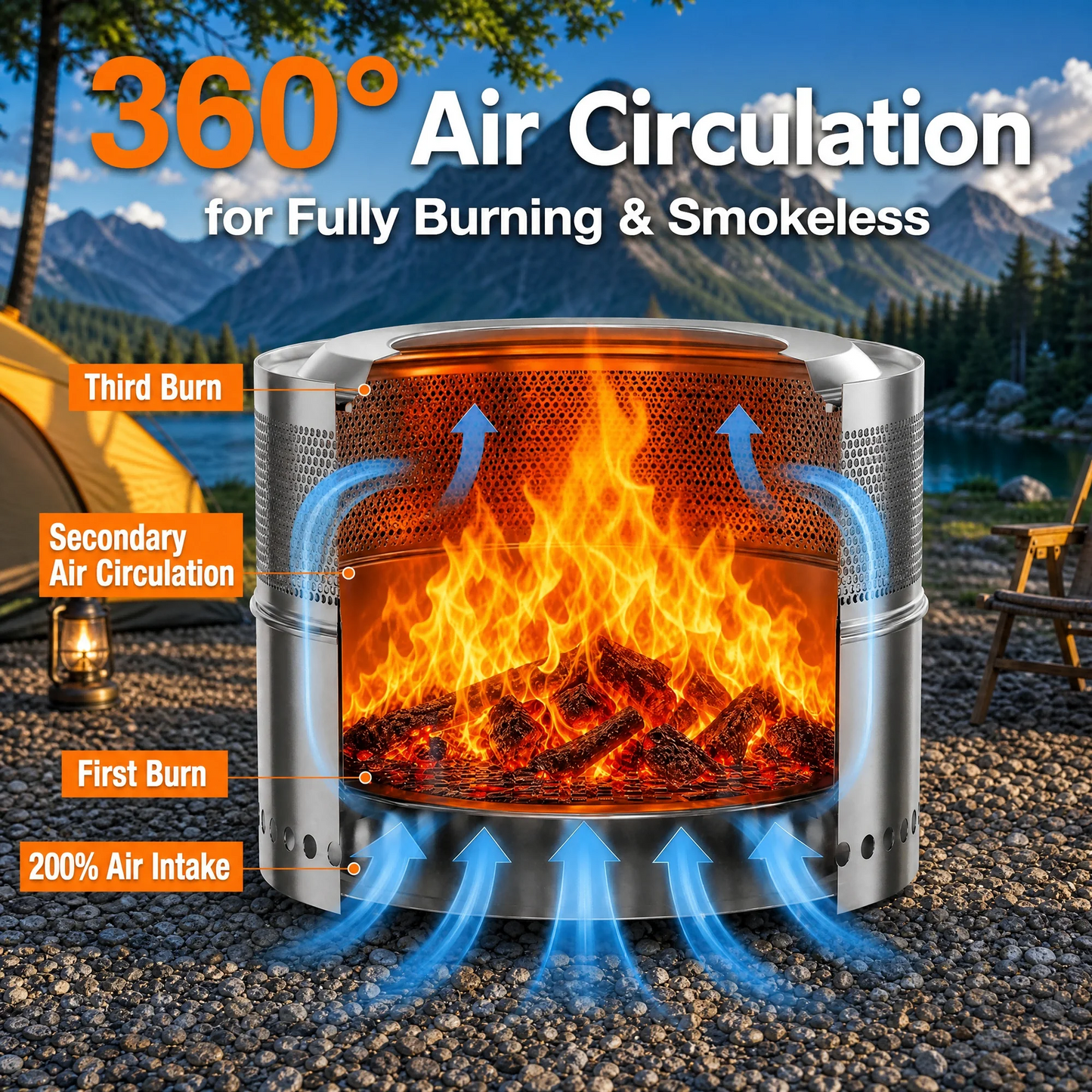LIFERUN 19.7" Stainless Steel Smokeless Fire Pit with 304 Grill Grate, Outdoor Portable Wood Burning Fire Pit,Removable Ash Pan,Carry Bag,Fire Poker,for Camping, Backyard,Patio,Bonfire