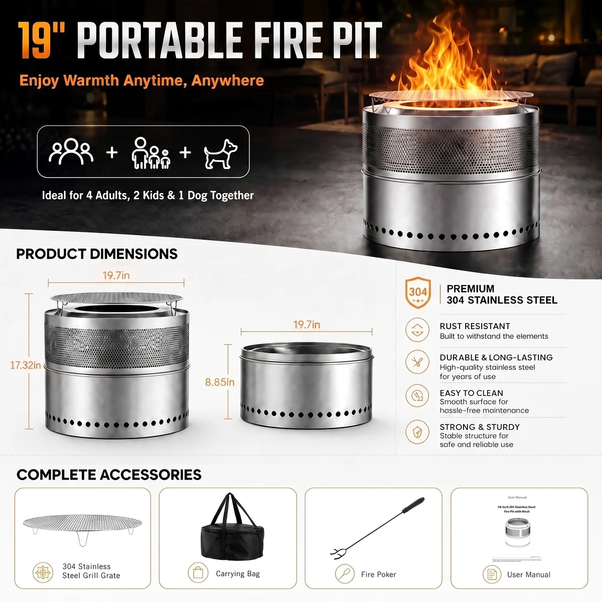 LIFERUN 19.7" Stainless Steel Smokeless Fire Pit with 304 Grill Grate, Outdoor Portable Wood Burning Fire Pit,Removable Ash Pan,Carry Bag,Fire Poker,for Camping, Backyard,Patio,Bonfire