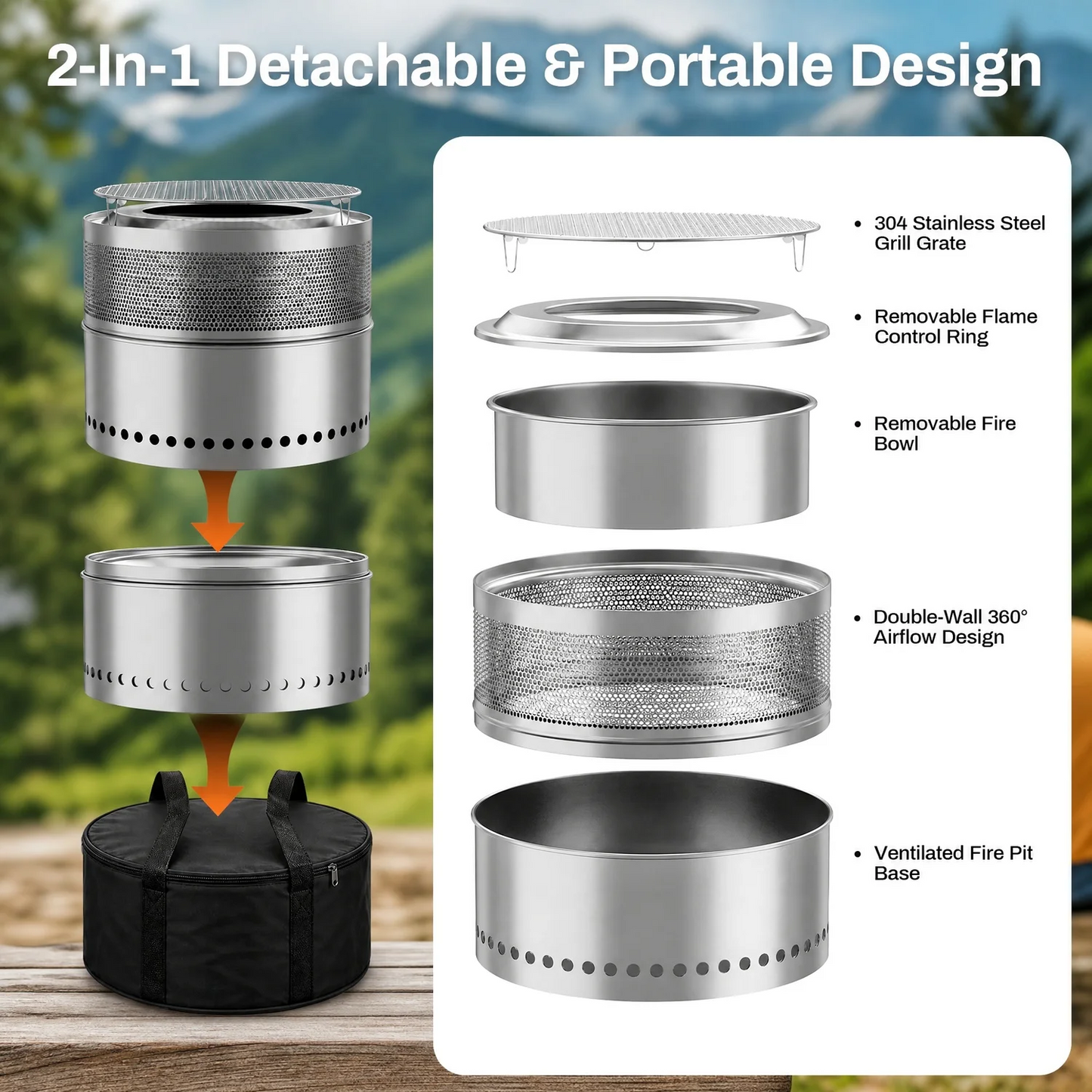 LIFERUN 19.7" Stainless Steel Smokeless Fire Pit with 304 Grill Grate, Outdoor Portable Wood Burning Fire Pit,Removable Ash Pan,Carry Bag,Fire Poker,for Camping, Backyard,Patio,Bonfire