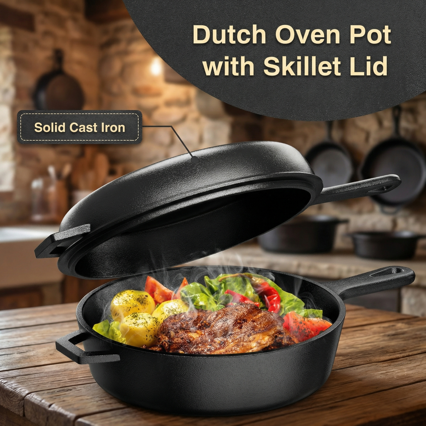 LIFERUN 2-in-1 Cast Iron Dutch Oven Pot, with Skillet & Lid - 2.9 Qt Deep Pot + 1.27 Qt Frying Pan, Easy Clean, for Oven, Stove, Grill, Campfire